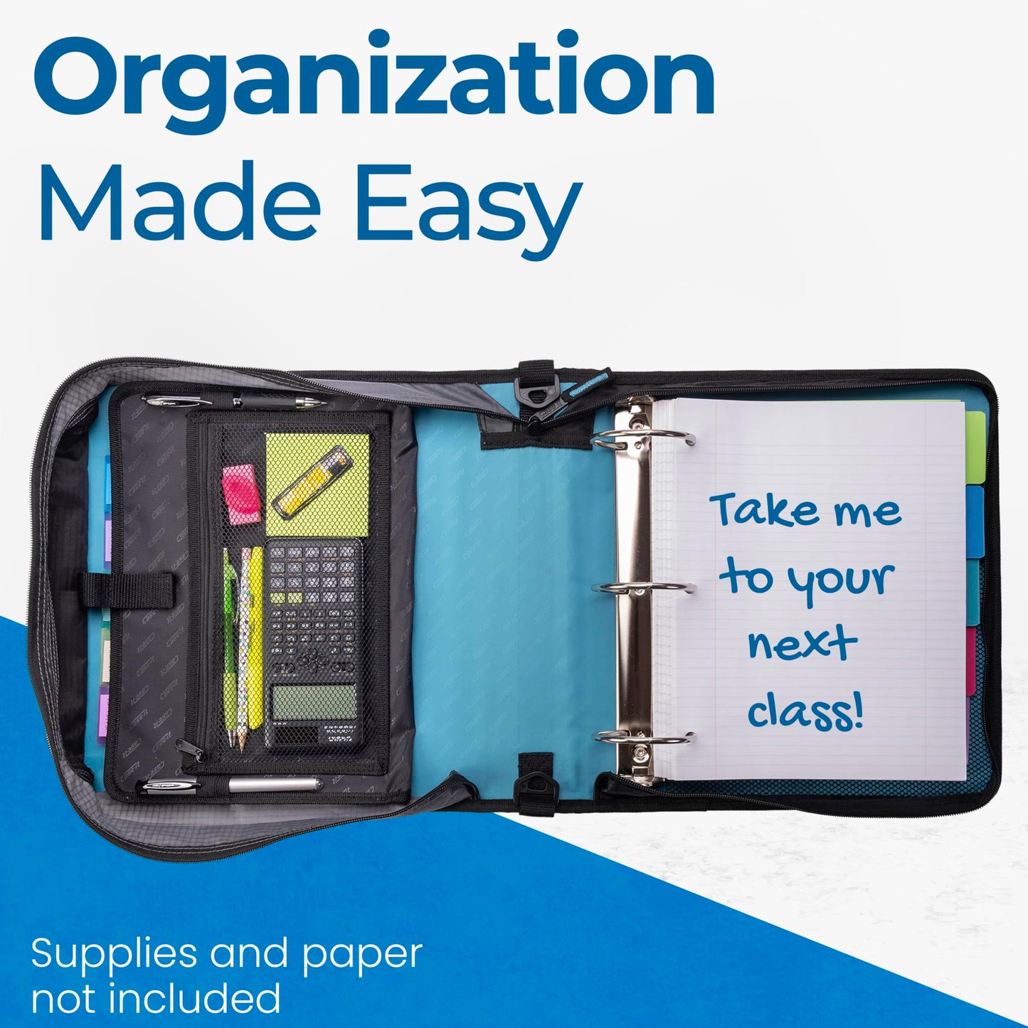 Case-it Mighty Zip Tab School Zipper Binder | 3-Inch O-Rings, 600-Sheet Capacity, 5-Subject Expanding File Folder, Multiple Pockets & Storage Organizer, Shoulder Strap | D-146 Teal