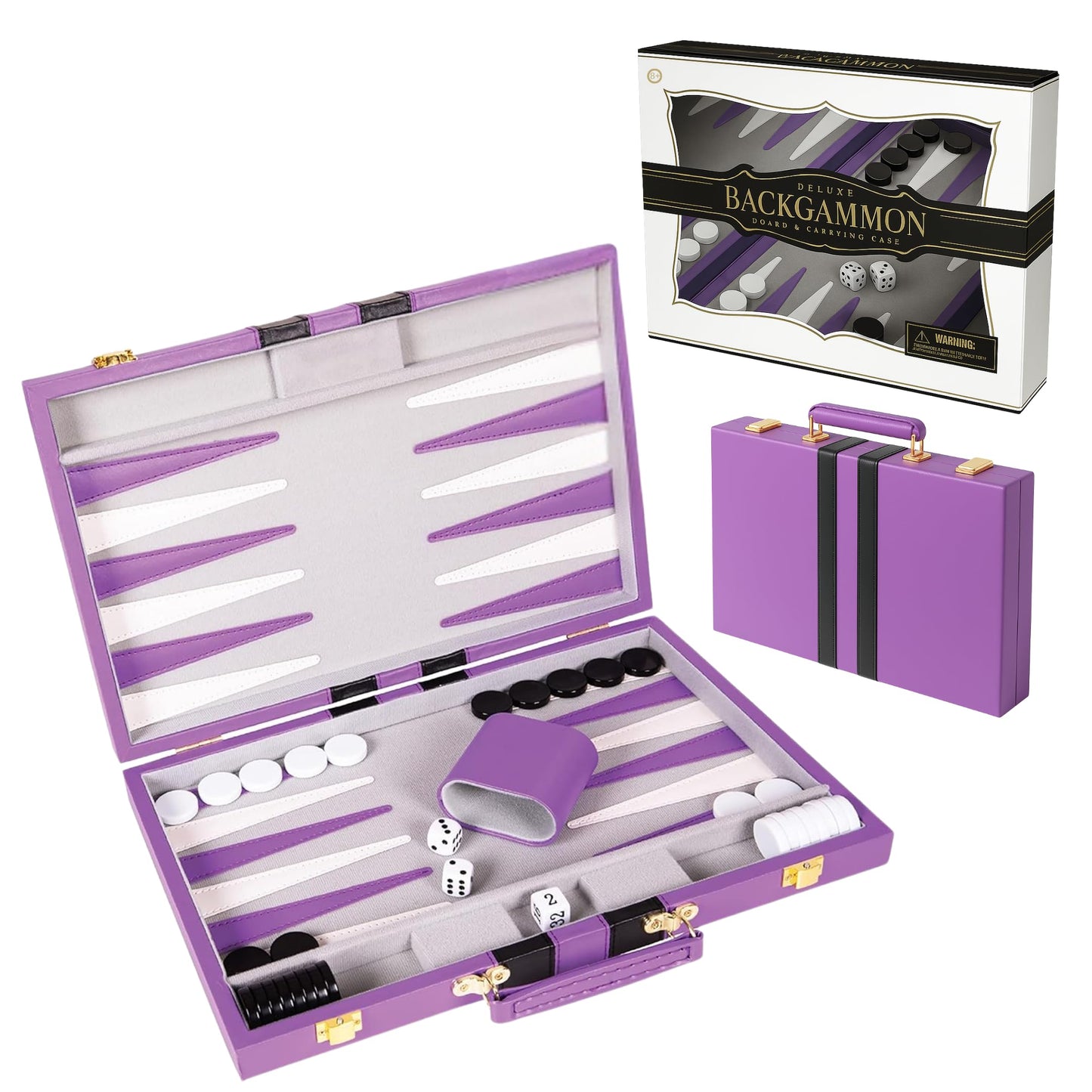 Premium Backgammon 18 Inches Large Purple - Backgammon Sets for Adults and Kids - Leatherette Back Gammon Board Game Set - Travel Backgammon Set Board Encased with Accessories