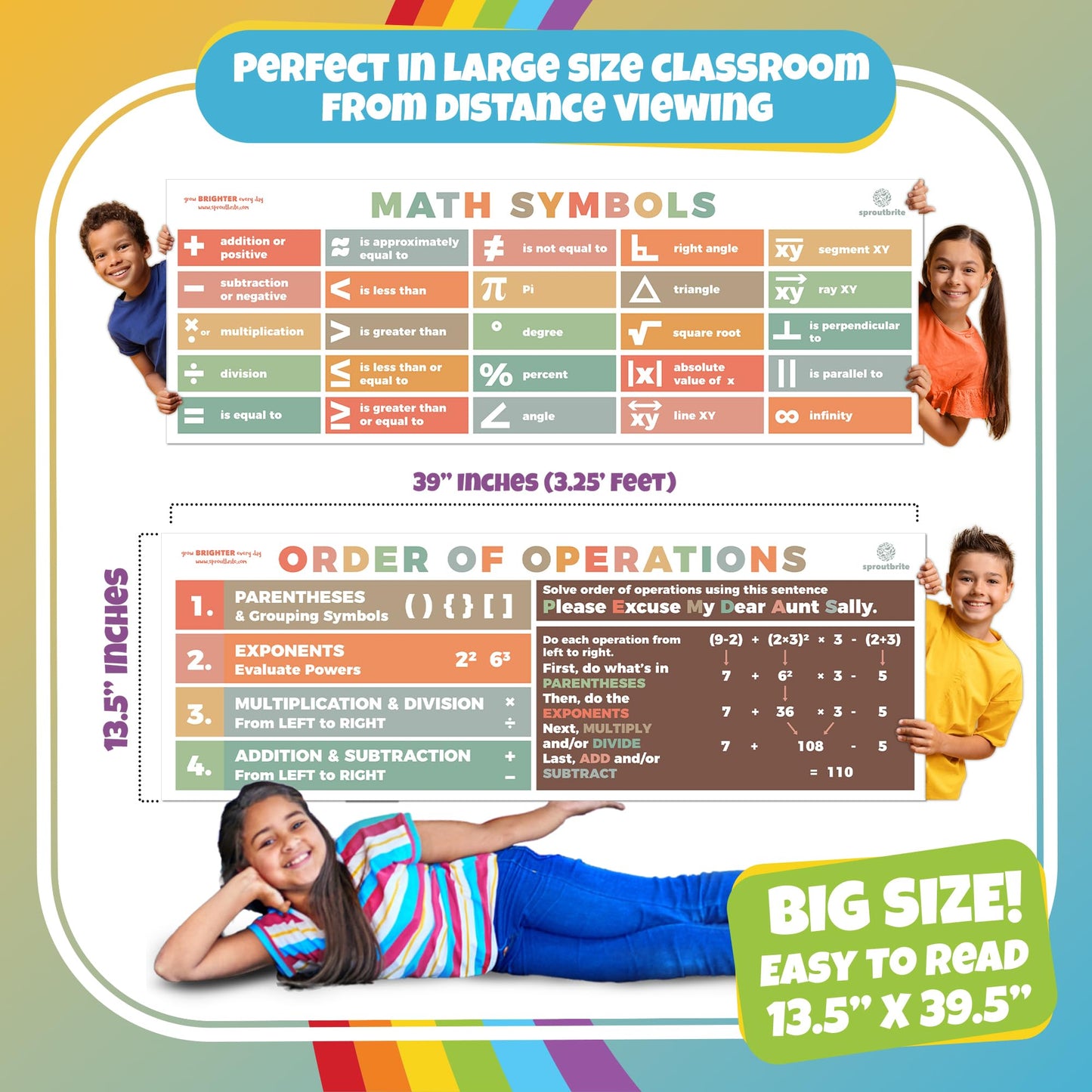 Sproutbrite 2 Count Educational Invisible Math Posters for Classroom (13.5"x39") - Large Invisible Math Posters for Middle School - Invisible Math Banner for High school - Includes Math Symbols Pi, Angle and Square Root Helping Students Understand Core Ma