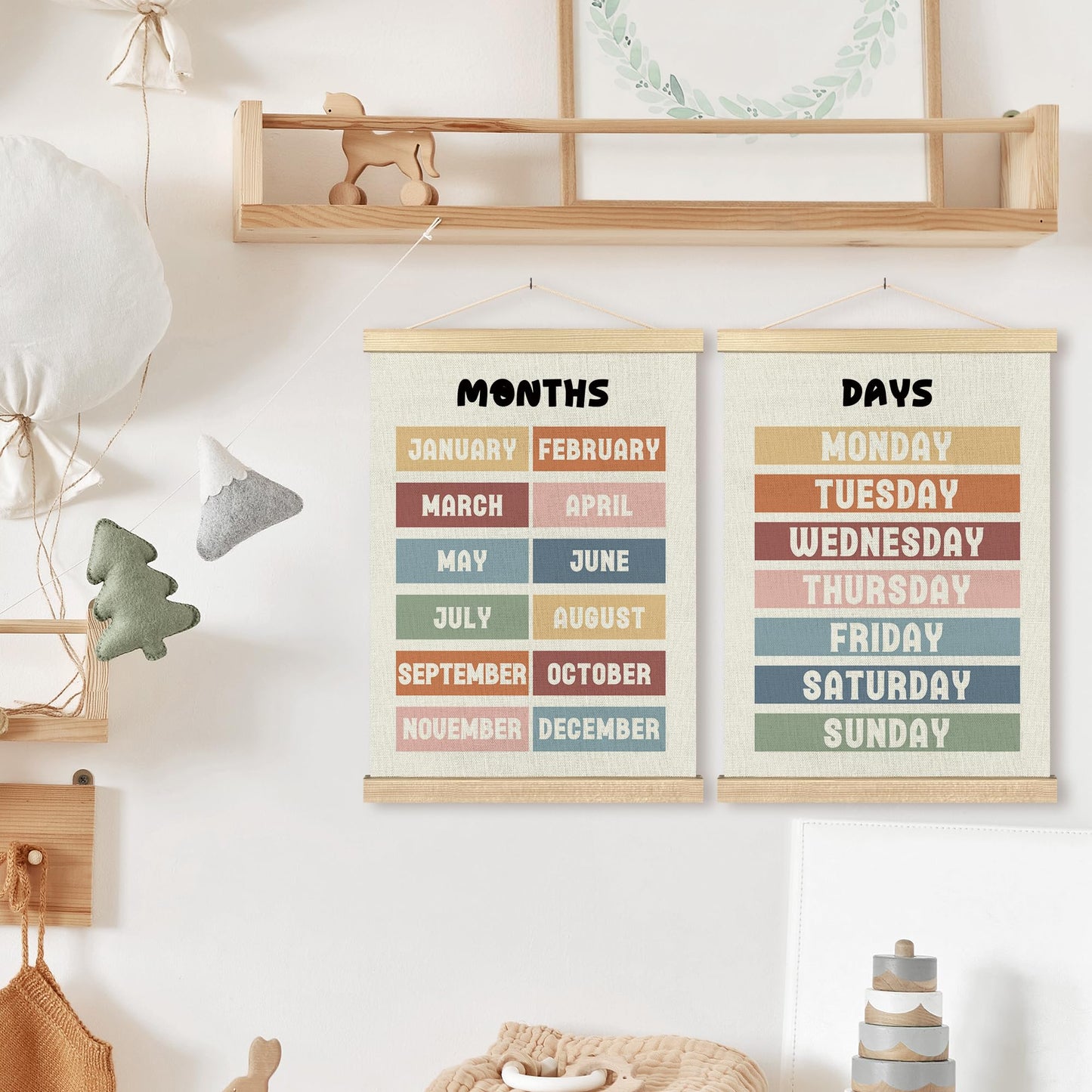 BCUANGD Classroom Wall Decor - Days of the Week Months of the Year Poster Hanger with Wood Frames Set of 2, Neutral Classroom Wall Hanging Canvas Decor for Kids Room Nursery Playroom, 12x16 Inches