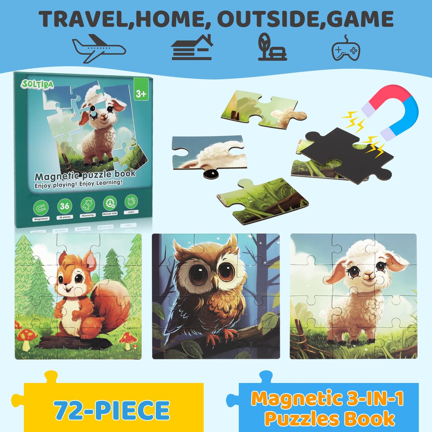 Magnetic Puzzles for Toddlers 3-5 2PK-72PCS-6 Animal Themes Magnetic Puzzles for Kids 4-6 Travel Puzzle for Airplane/Car/Road Trip/Gift Toys for 3 4 5 6 Year Old Girls and Boys