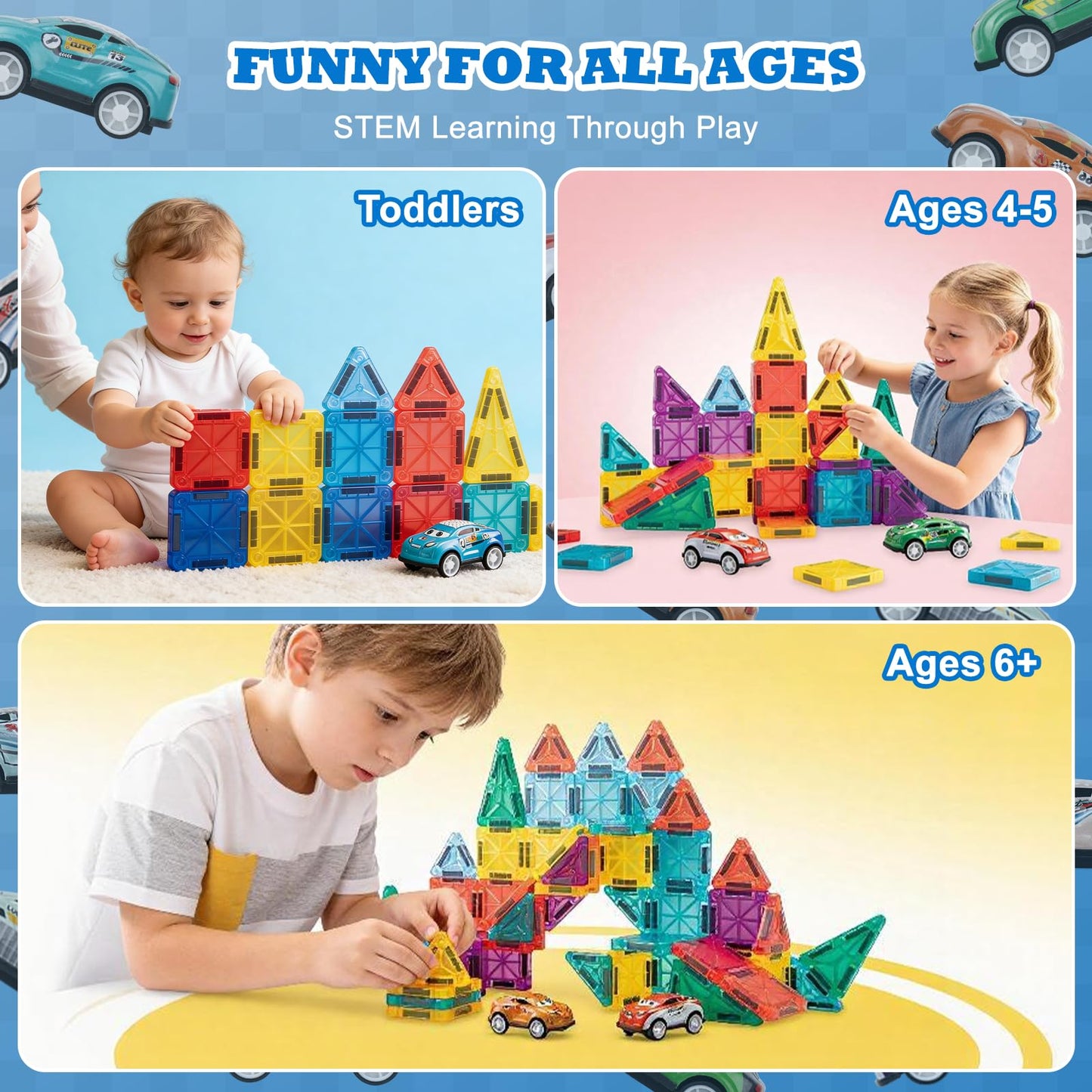93 PCS Magnetic Tiles Mini Magnetic Building Tiles with Cars, Travel Magnetic Tiles with Storage Bag,STEM Toys for School Acitivities, Ideal Christmas Birthday Gifts for Boys Girls Age 3+ Years Old