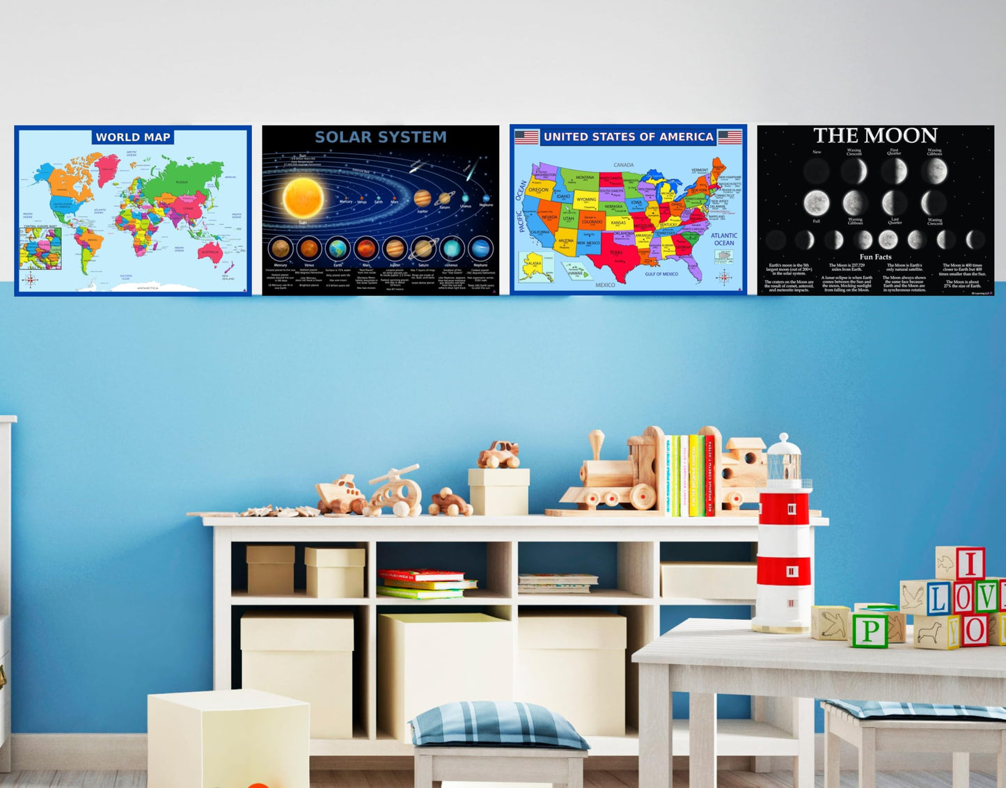 World Map, United States Map, Solar System, and Moon Phases Posters – Laminated 14x19.5 in – Educational Posters, Classroom Decorations, Teachers Supplies, Virtual Learning for Kids, Homeschool Decor