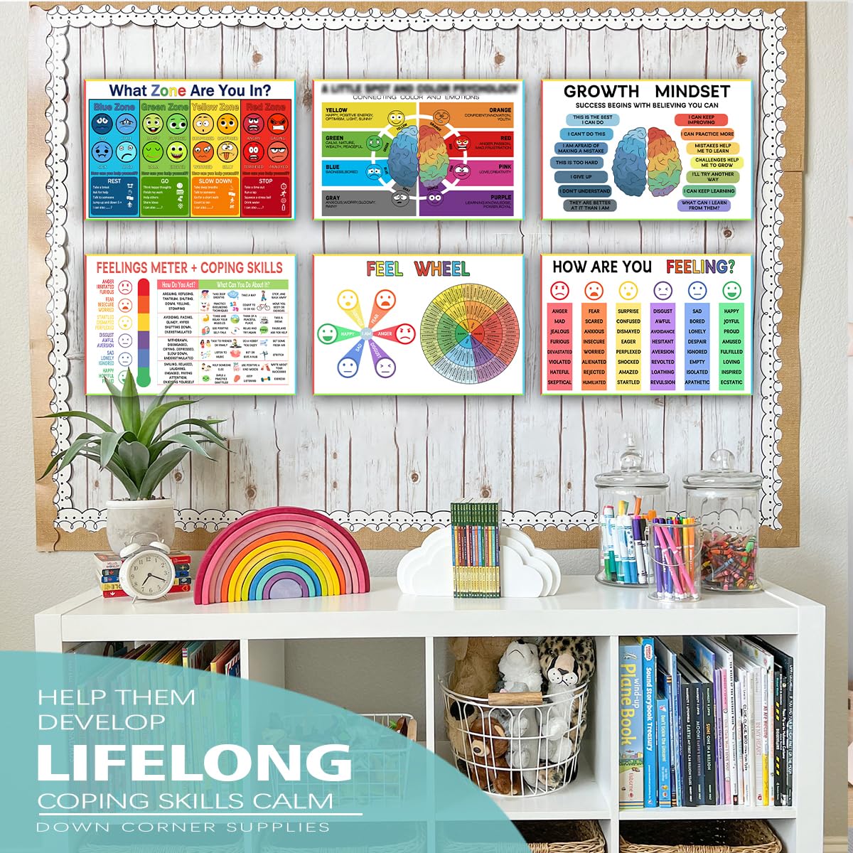 6 Zone of Self-Regulation Bulletin Board Set, Feeling Chart for Kids, Emotional Regulation Poster for Bedroom Decor Classroom Office Room Decor Set of 6 (12x18 Inch)