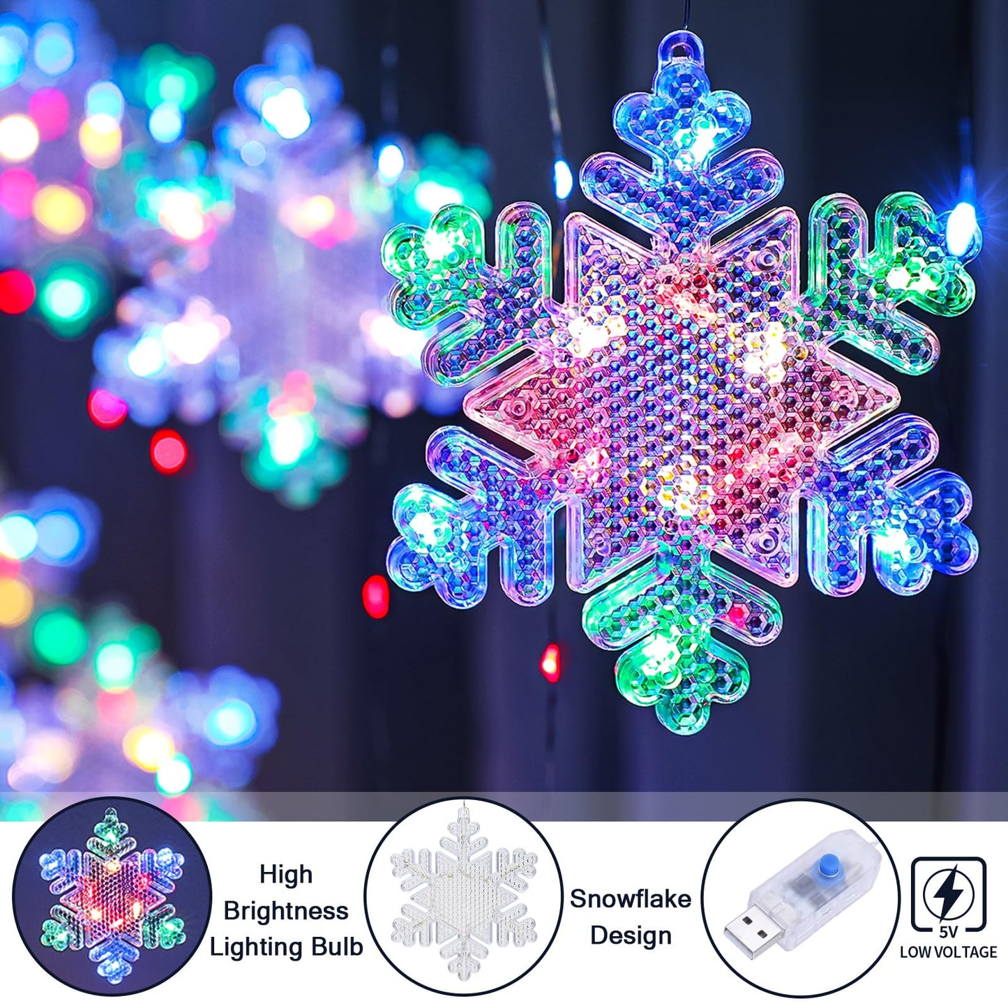 BLOOMWIN Christmas Window Lights - 2M 160 LED Snowflake Hanging Fairy String Lights, Multicolor, Model XY-022