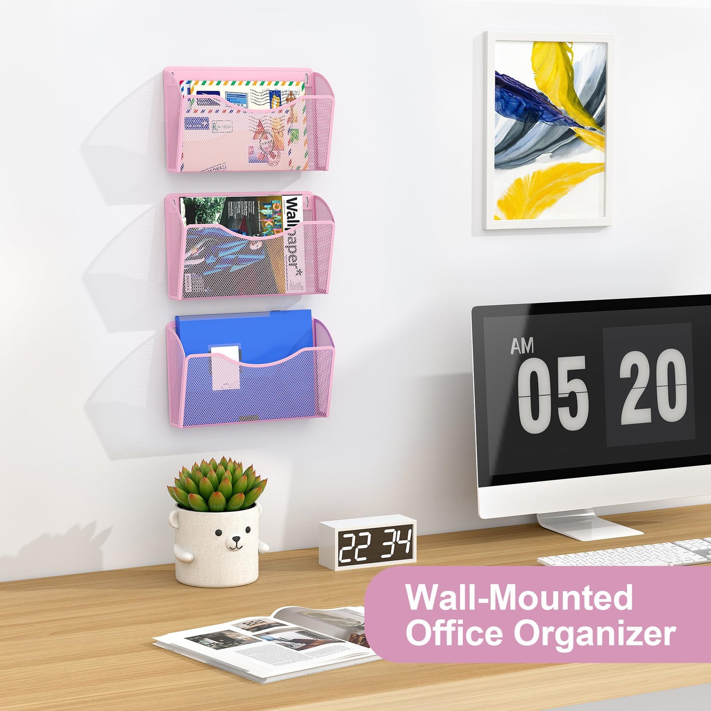 EasyPAG Wall File Organizer 3 Pack, Hanging File Organizer Wall Mount, Metal Mesh Folder Holder for Letter/A4 Papers, Mail Sorter for Office, Classroom, Home, Pink