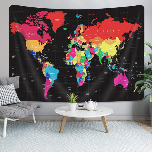 World Map Tapestry, Black Map of World Vintage Topography Educational Tapestries Posters for College Kids Student Dorm Wall Art, Colorful Geographical Travel Map for Bedroom Living Room, 80X60in