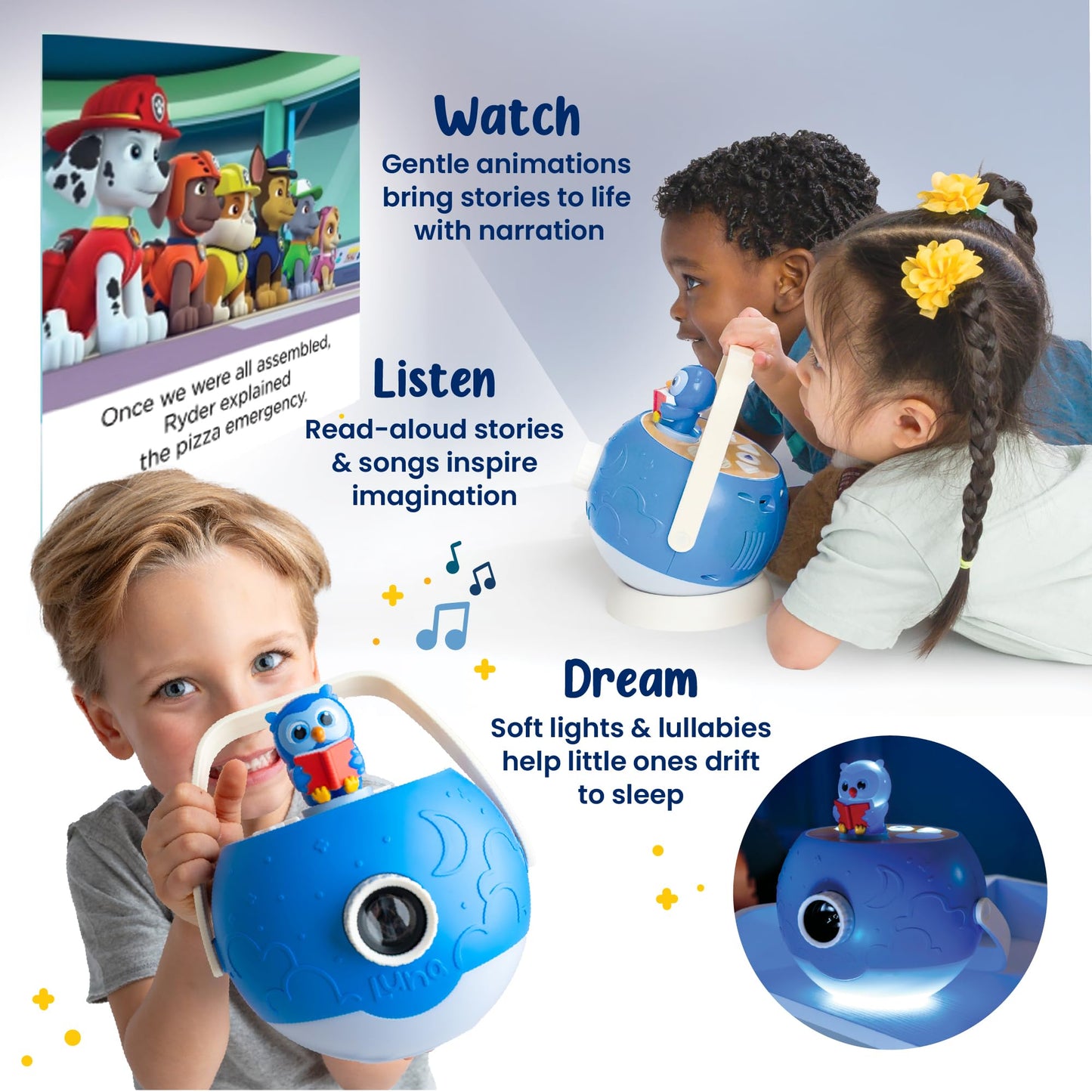 Luna Storytime Projector - 5 PAW Patrol Skye & 5 Classic Read-Aloud Stories, 10 Songs, Night Light & Soothing Dream Music - Children, Kids & Toddlers Ages 3+