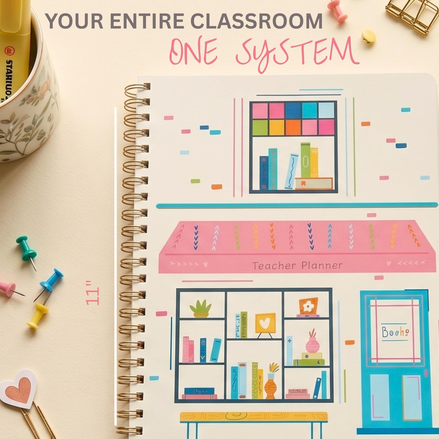 Undated Teacher Planner 8.5 x 11-12 Months & 52 Weeks | Colorful Bookstore Cover | Monthly & Weekly Lesson Plan Book with Stickers, Storage Pocket & Snap-In Bookmark | Classroom Organizer