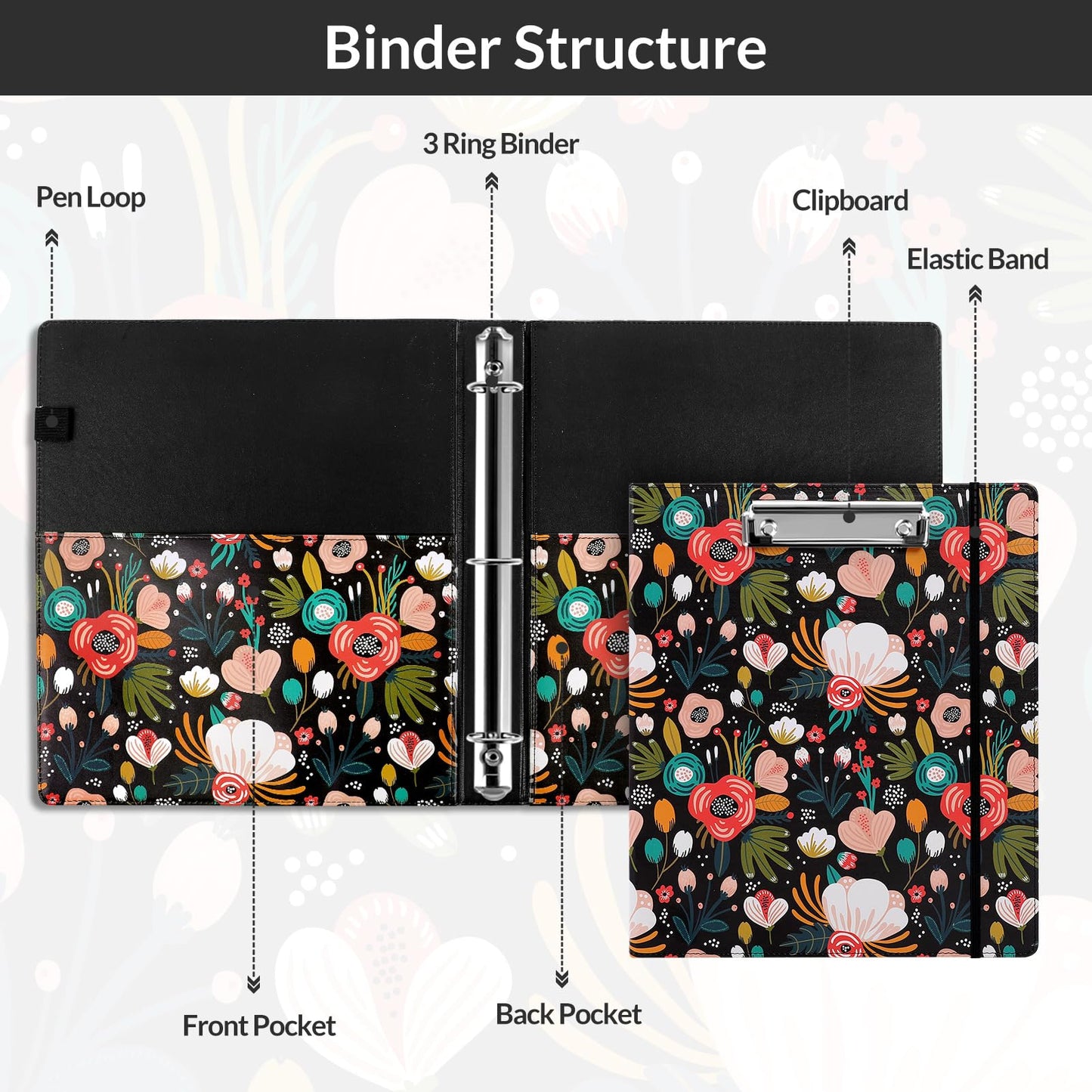 SKYDUE 1 Inch 3-Ring Binder with Clipboard, PU Binder with 5 Dividers, Notepad, Stickers & Pockets for Work and School - Aesthetic Binder (Letter Size)