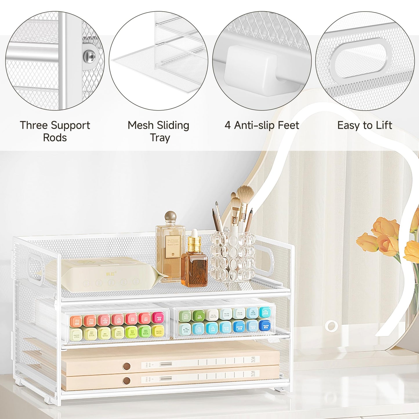 Subekyu 3 Tier Letter Tray Paper Organizer with Handle, 1 PC Sliding Tray, White Metal Mesh Desk File Folder Paper Sorter Organizer for Home Office School Desk Supplies Organization Storage