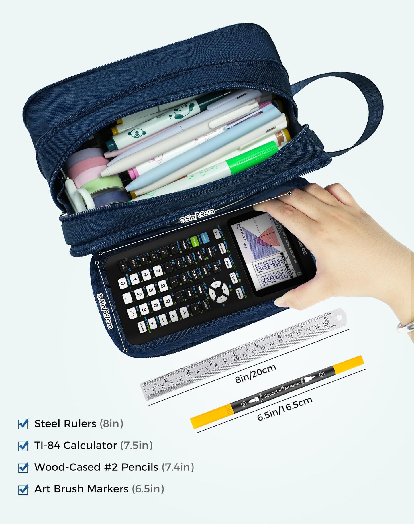 Fmeida Pencil Case Pouch Expandable - Extra Large Pencil Pouch Aesthetic Pencil Bag Office Stationery Organizer with Handle for Adult Men Women - Navy Blue