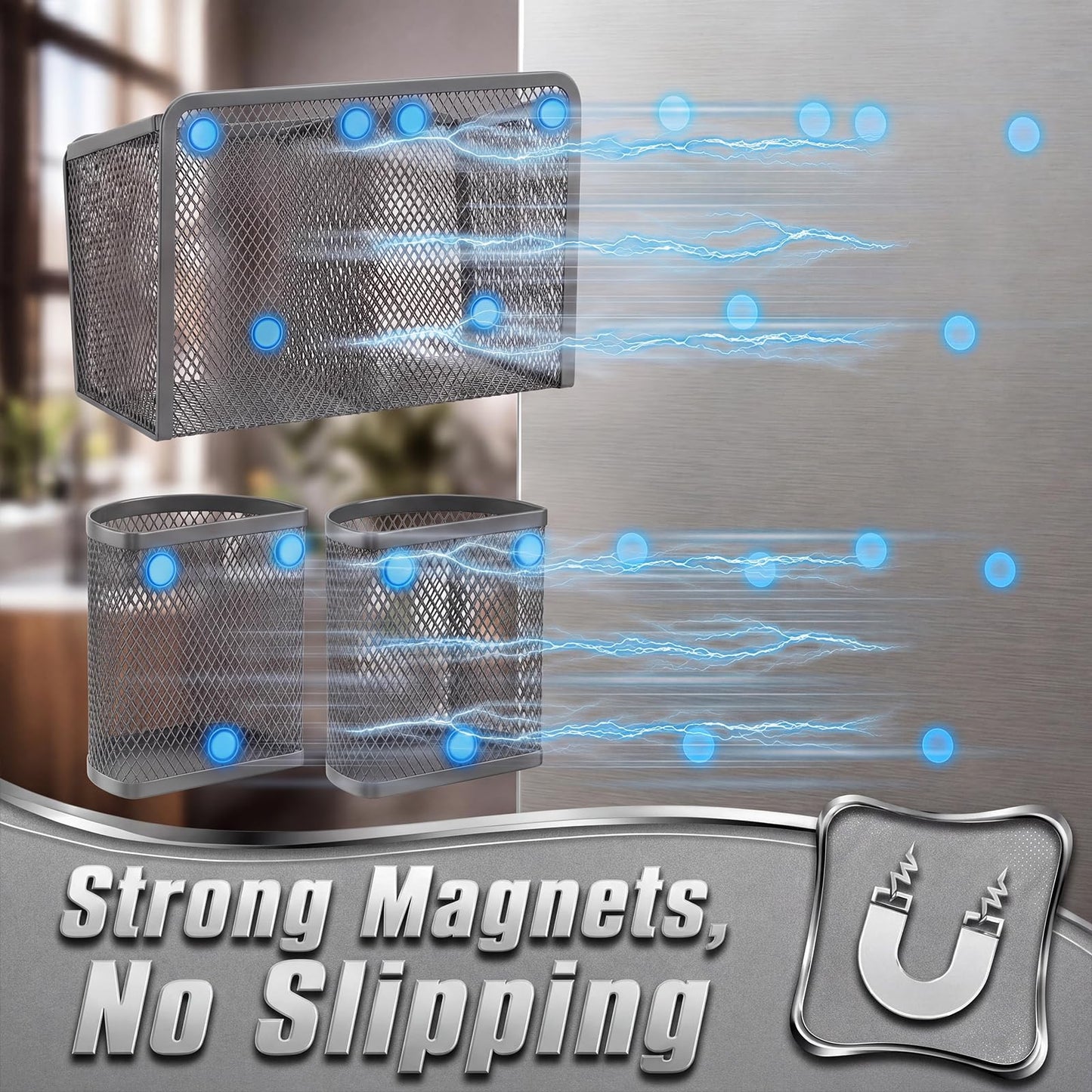Marspark 3 Pcs Magnetic Pen Holder Set Metal Pencil Holder with Strong Magnets Wire Mesh Storage Basket Organizer for Locker Accessories Whiteboard Refrigerator School Office Dorm(Grey)