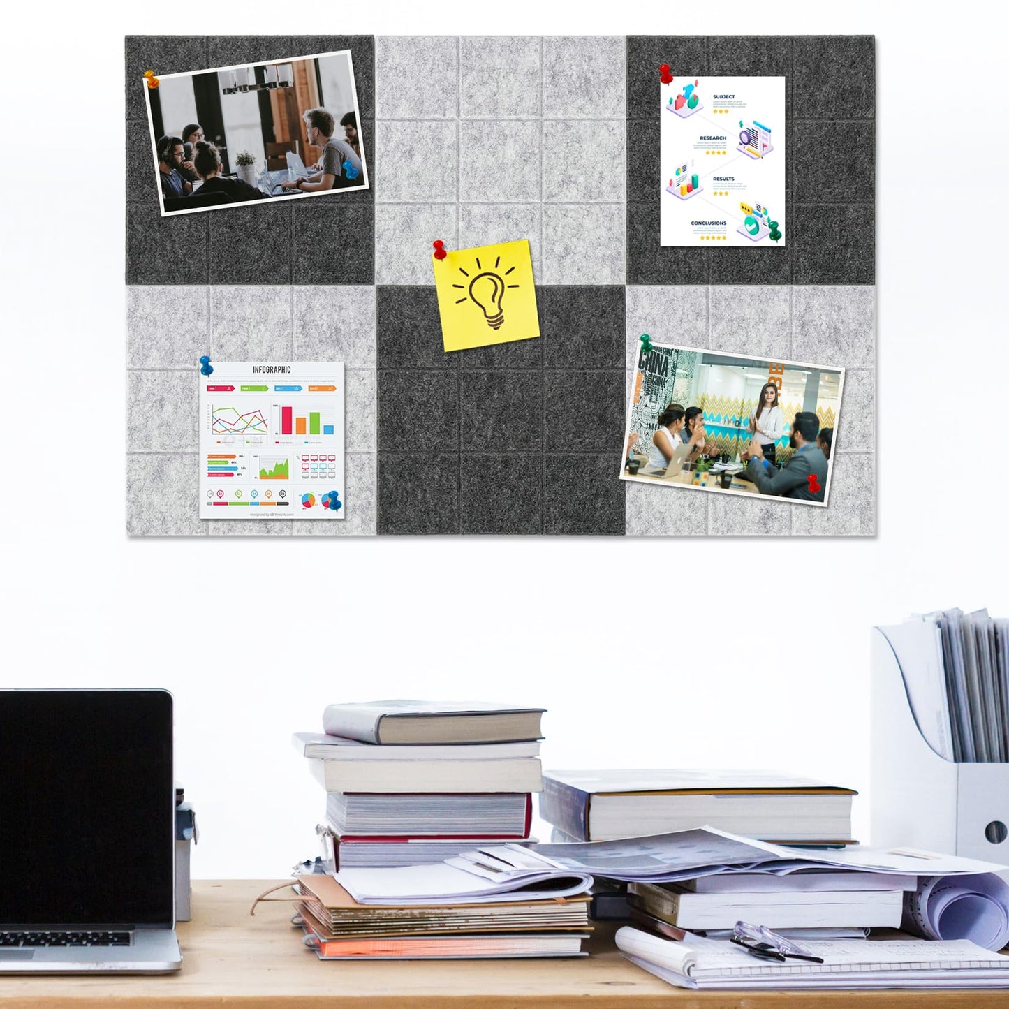 HULAVO Large Square Felt Cork Board Tiles, Self Adhesive DIY Felt Bulletin Board with 35 Pushpins for Office School Home Wall Decor Stickers Memos (Deep & Light Grey)