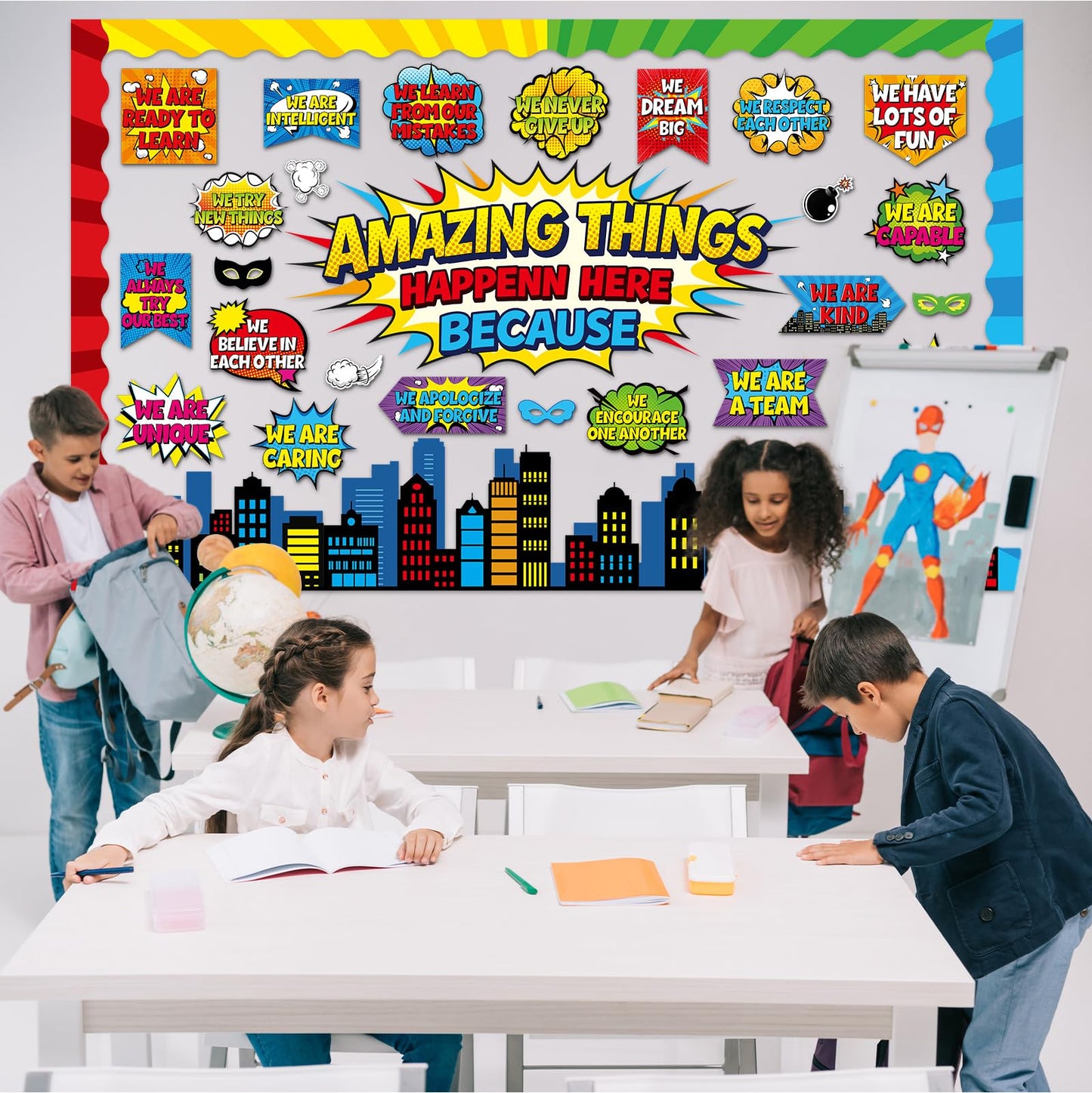 Hero Themed Bulletin Board Set Amazing Things Happen Here Classroom Decoration Motivational Positive Affirmation Super Themed Paper Cutouts for Tropical School Chalkboard Wall Decor Supplies