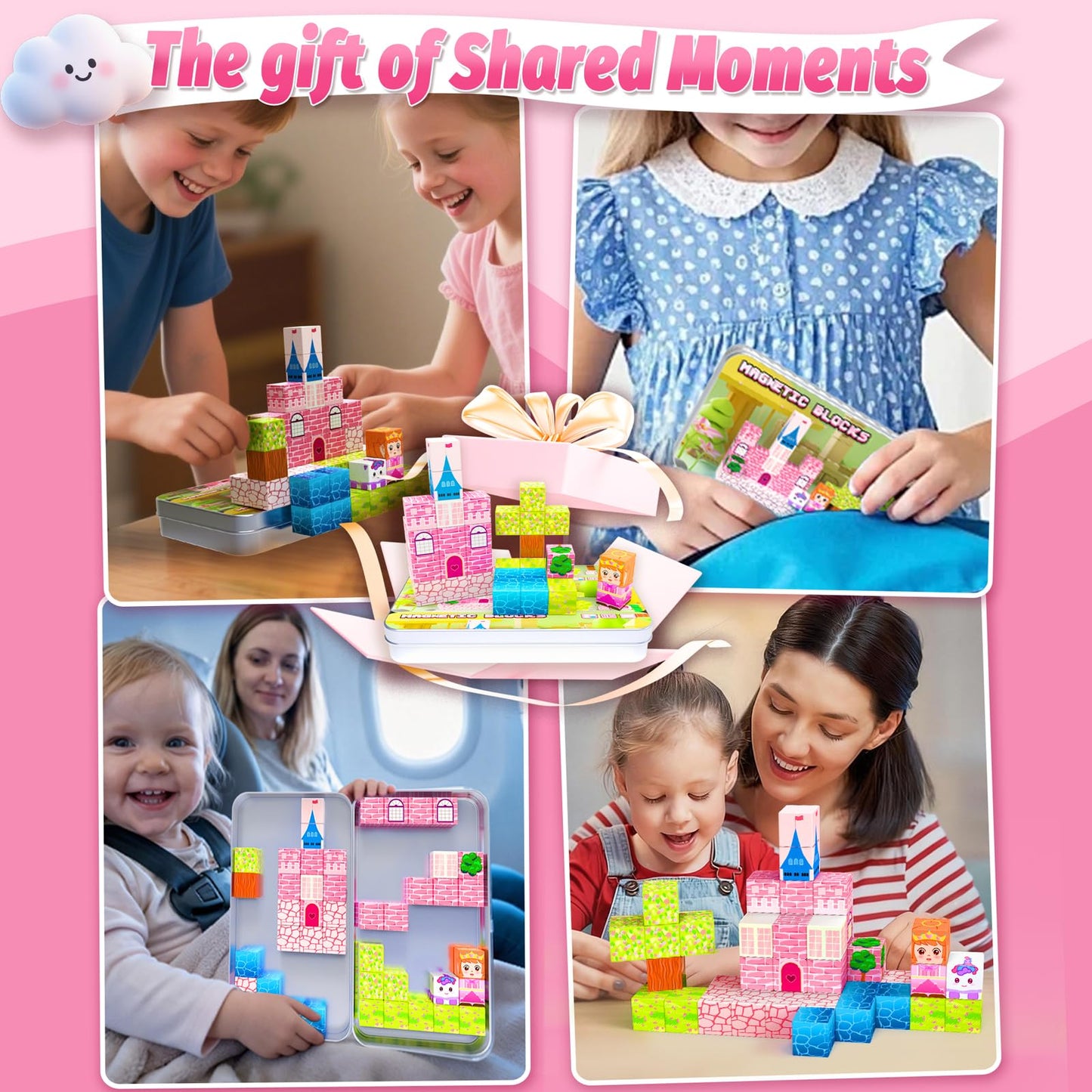 CEMECER Mini Magnetic Blocks for Kids, 45PCS Travel Magnetic Building Block Cubes with Iron Box, Princess Stacking Magnets Toys for Toddlers, Sensory Montessori Construction Toys.