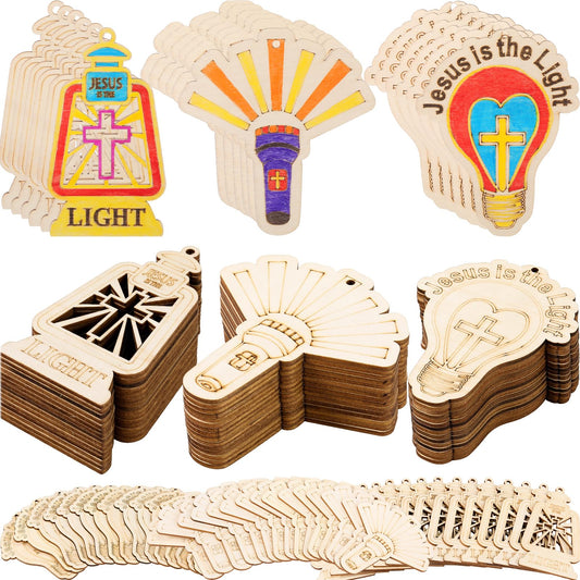 DoubleFill 48 Pcs Vbs 2026 Jesus is The Light Painting Crafts Illumination Themed Christian Sunday School Craft Color Your Own Religious Wood Bible Ornament for Classroom Church Activity Decor