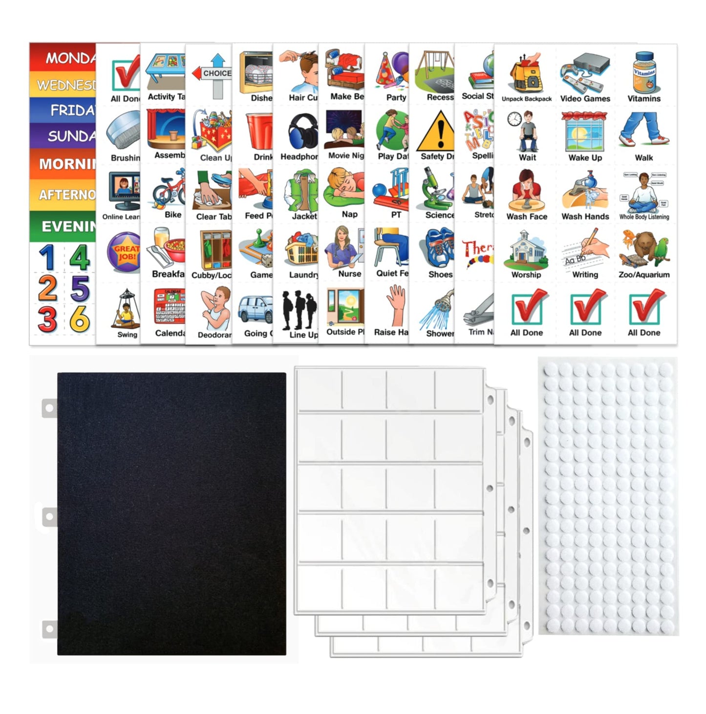 SchKIDules V-KIt - Portable, Binder-Ready Visual Schedule for Kids w/8.5x11" Backboard & 150 laminated Icons plus 21 Headings