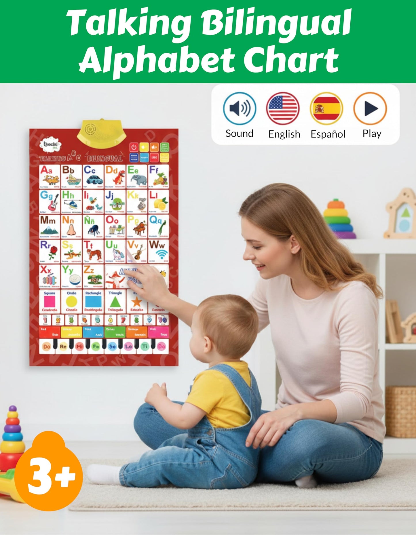 Bilingual English & Spanish Interactive Alphabet Wall Chart (2026 Model) – Talking ABC Letters, Numbers 123 & Music Learning Poster – Educational Toy for Toddlers & Kids Ages 3+