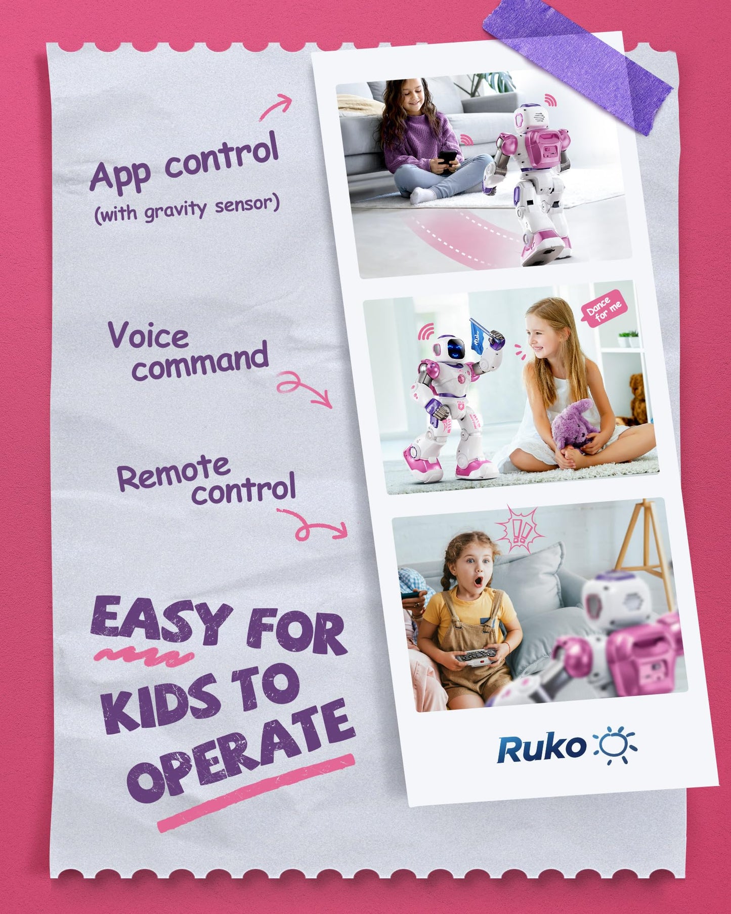 Ruko 1088 Smart Robot Toys for Kids, Large STEM Programmable Interactive RC Robot with Voice Control, App Control, Gifts for Boys & Girls Age 4 5 6 7 8 9, Pink