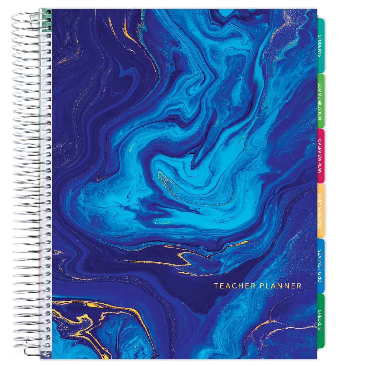 Elan Publishing Company DELUXE Undated Teacher Planner: 8.5x11 Includes 7 Periods, Page Tabs, Bookmark, Planning Stickers, Pocket Folder Daily Weekly Monthly Planner Yearly Agenda (Dark Blue Marble)