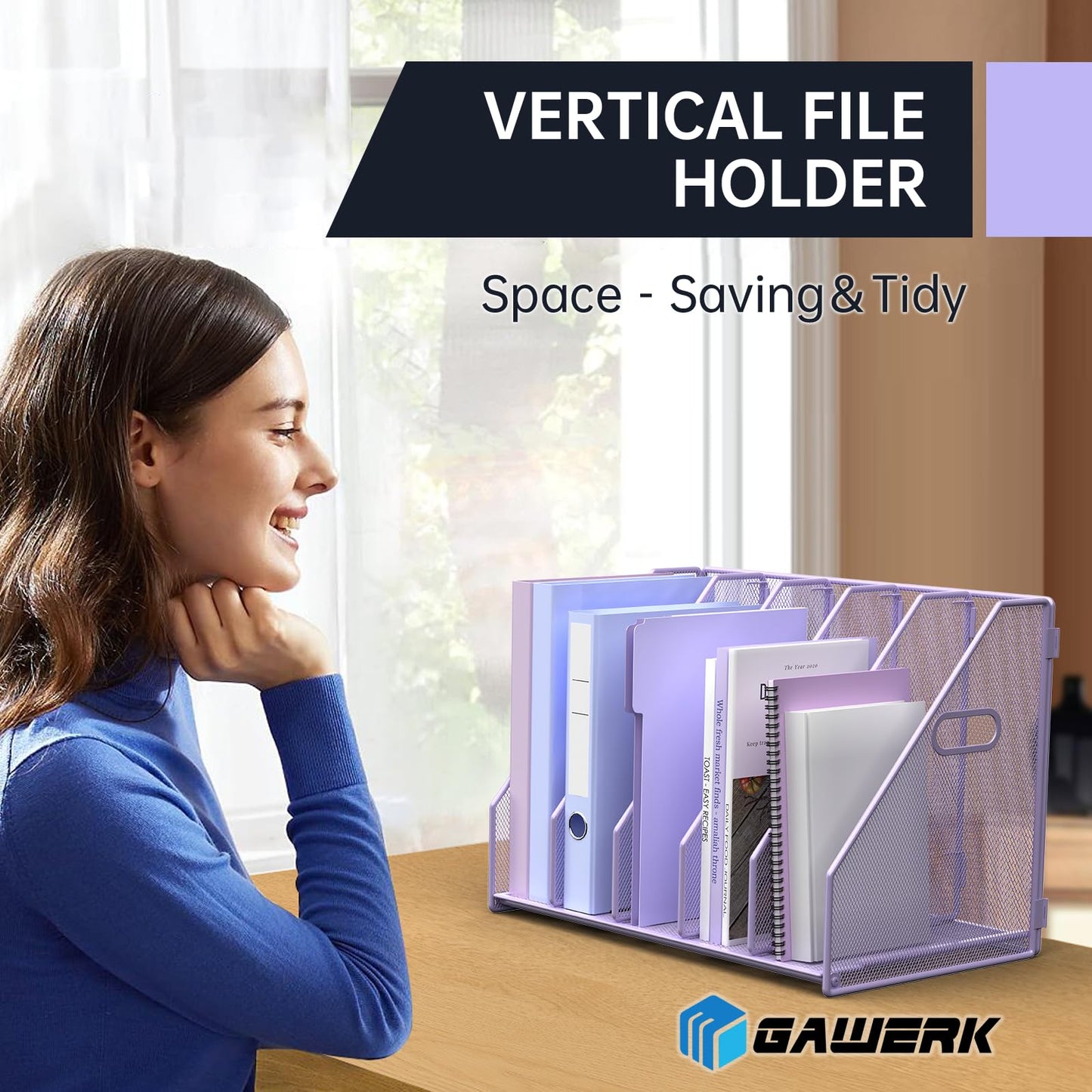MINDEPOT Desk File Organizer Metal Desk Magazine Folder Holder with 5 Vertical Compartments Rack File Organizer for Office, Home, School (Purple)