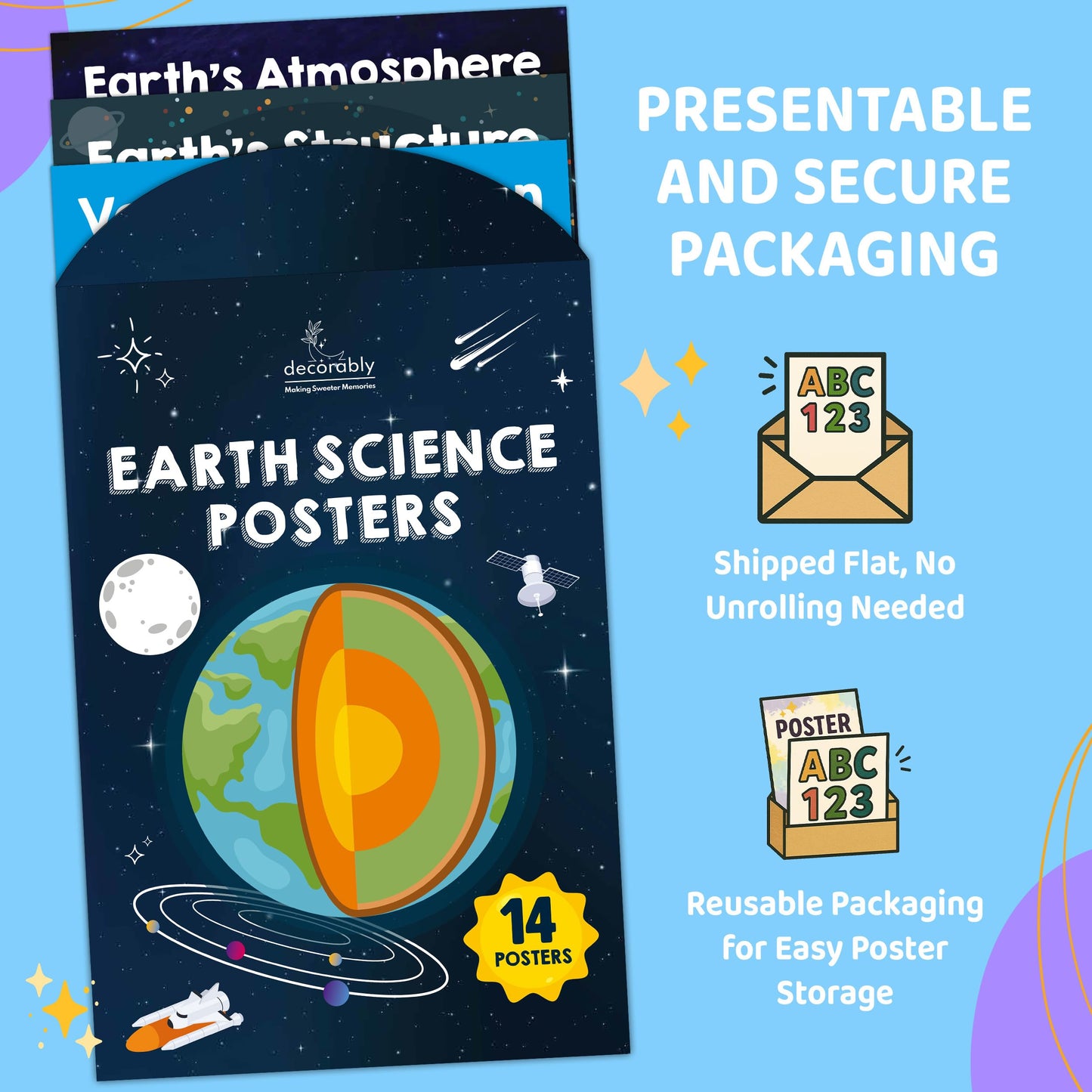 Decorably 14 Earth Science Posters for Classroom for Elementary and Middle School, 11x17in Educational, Matte-Laminated for Hallways, Bulletin Boards, Home Study Corner