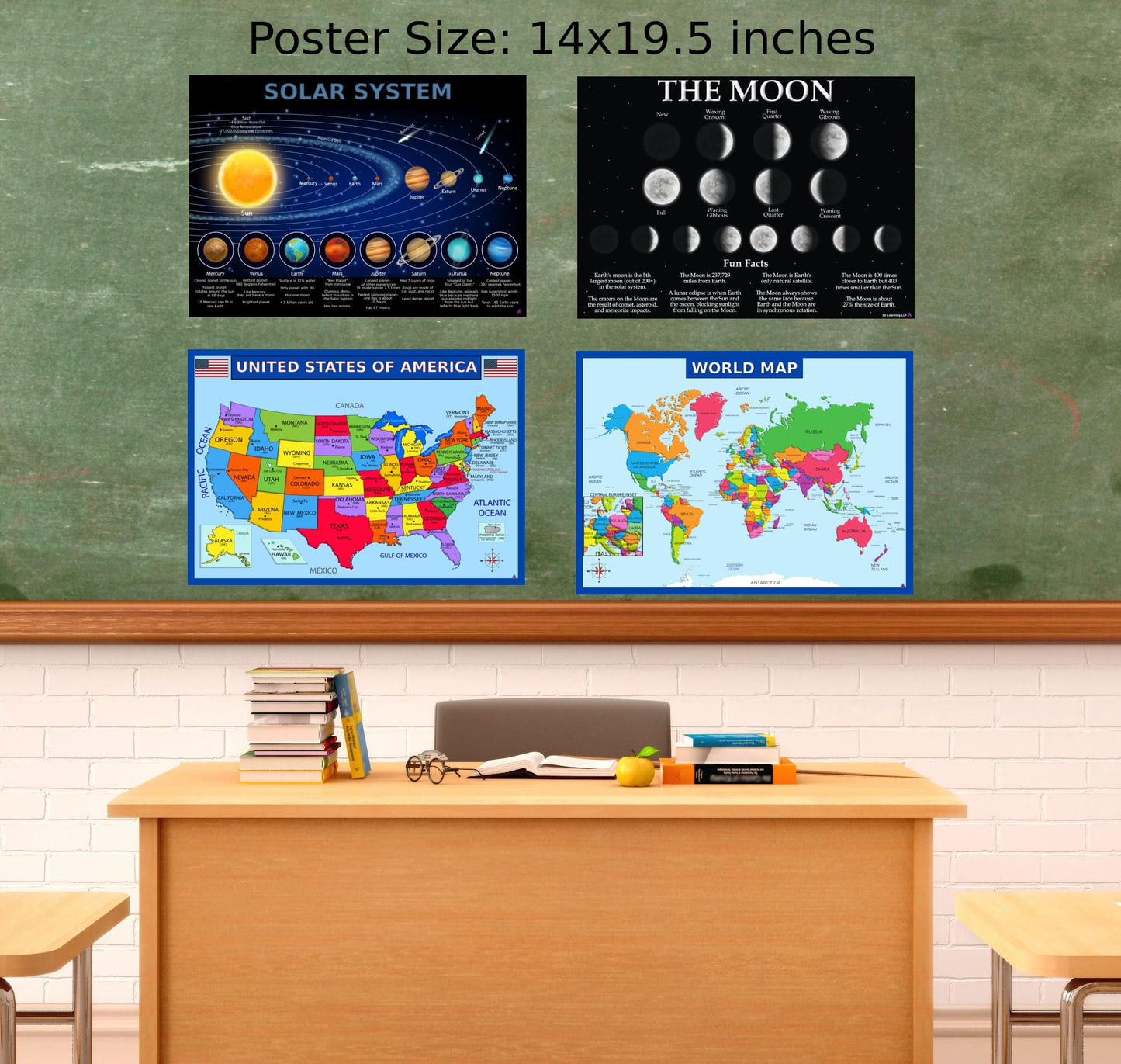 World Map, United States Map, Solar System, and Moon Phases Posters – Laminated 14x19.5 in – Educational Posters, Classroom Decorations, Teachers Supplies, Virtual Learning for Kids, Homeschool Decor