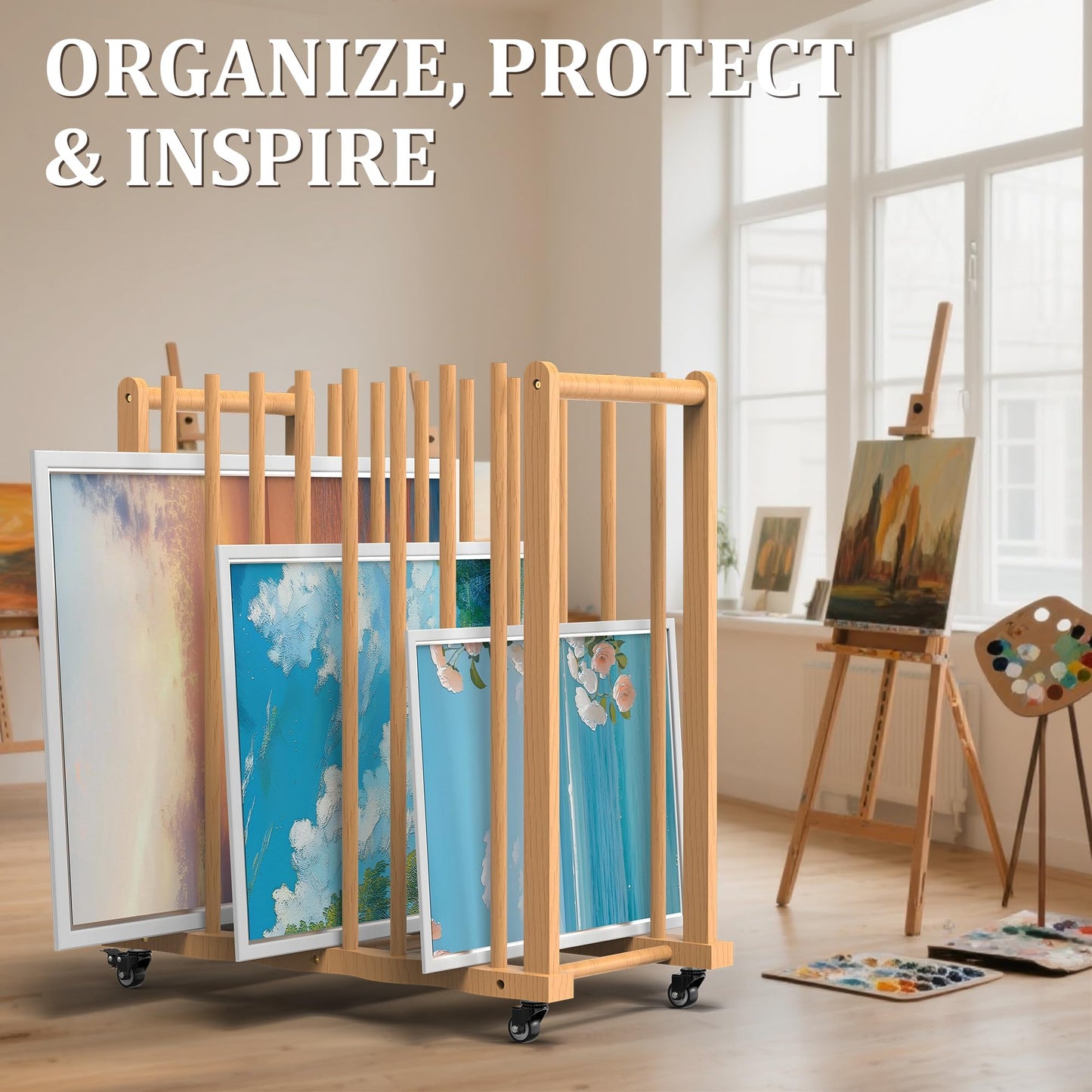 BERPET Wood Art Drying Rack, Canvas Storage Rack with Handle and Caster Wheels for Drawing Board, Panel, Paper Pad and Art Studios, Artworks, Gallery
