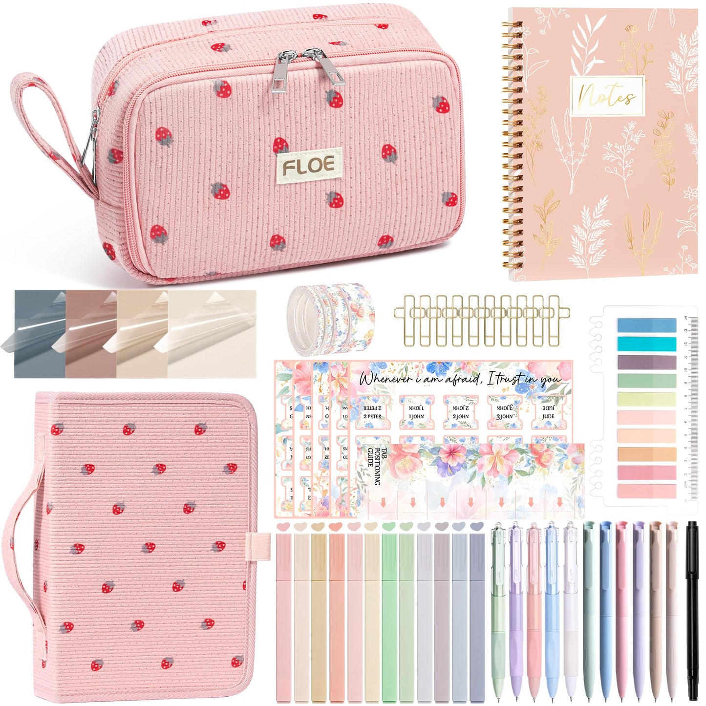 Bible Study Supplies Journaling Kit for Women with Bible Cover Case, Christmas Christian Gifts for Women Mom, Bible Study Tools Accessories Set w/Highlighter Pen, Pencil Case Notebook Annotation Kit