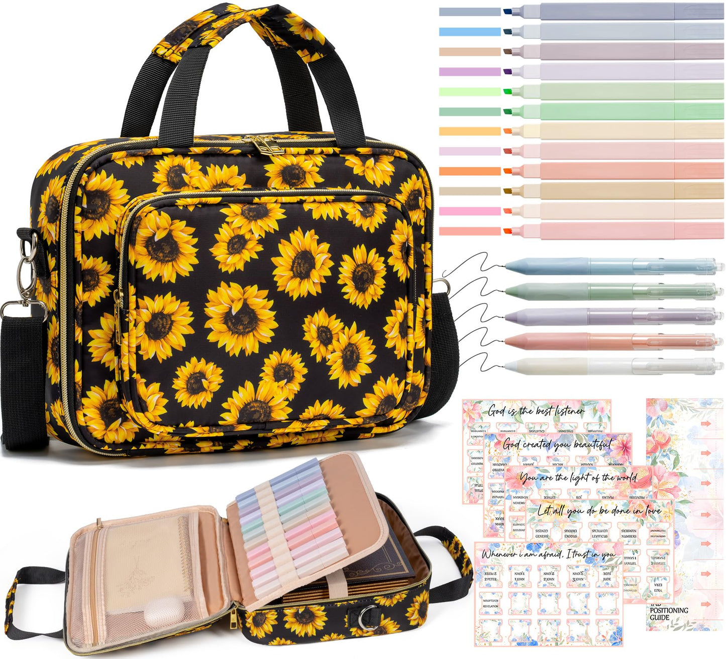 Bible Cover Case for Women, Large Bible Bag w/Shoulder Strap, Bible Study Supplies Journaling Kit Book Carrying Case with Accessories Pastel Highlighters 75 Tabs, Christian Gifts for Women Mom Friends