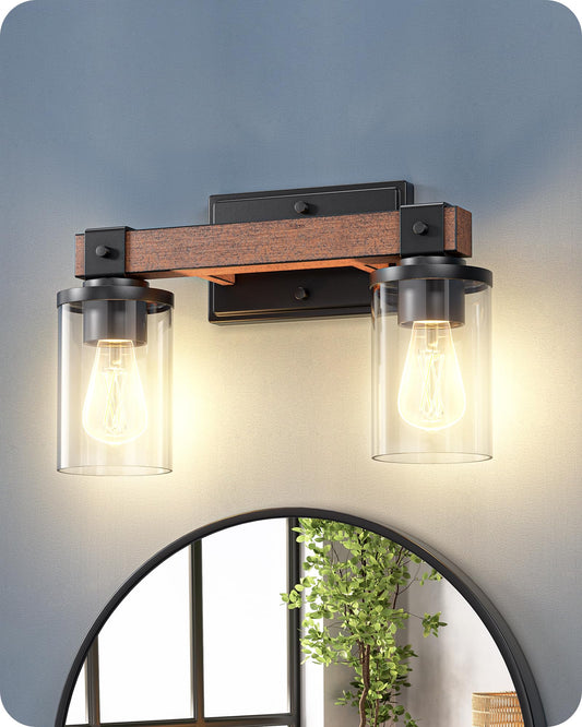 EDISHINE 2-Light Bathroom Vanity Light Fixtures, Dark Wood, Metal, Model HHVL02F, Clear Glass Shade, Ideal for Mirror and Powder Room
