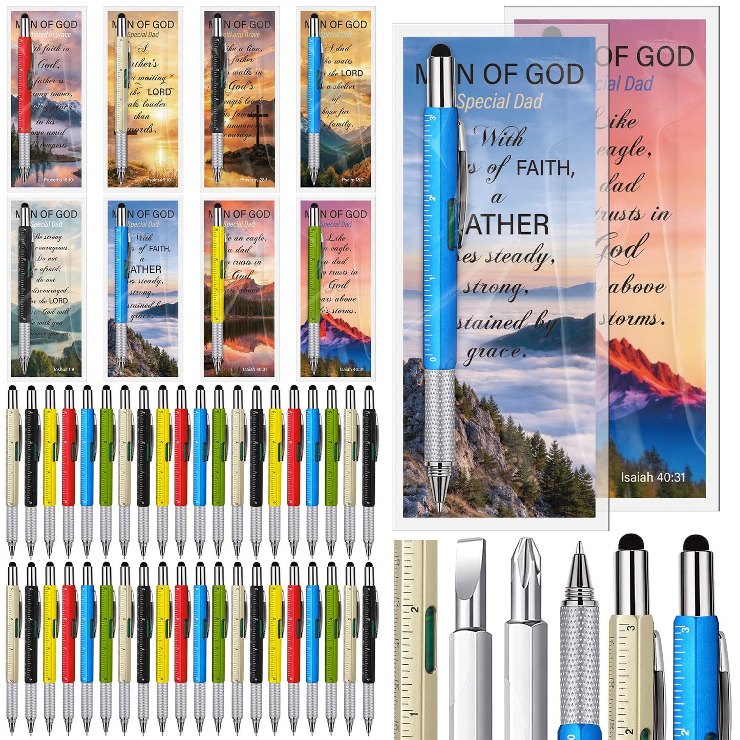 Tenceur 48 Set Father's Day Bulk Gifts for Church 6 in 1 Multi Tool Pen with Religious Bible Verse Bookmark Man of God Christian Gift for Men Church Prizes Husband Bible Study Supplies (Man of God)