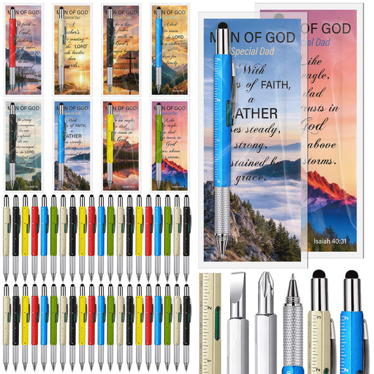 Tenceur 48 Set Father's Day Bulk Gifts for Church 6 in 1 Multi Tool Pen with Religious Bible Verse Bookmark Man of God Christian Gift for Men Church Prizes Husband Bible Study Supplies (Man of God)