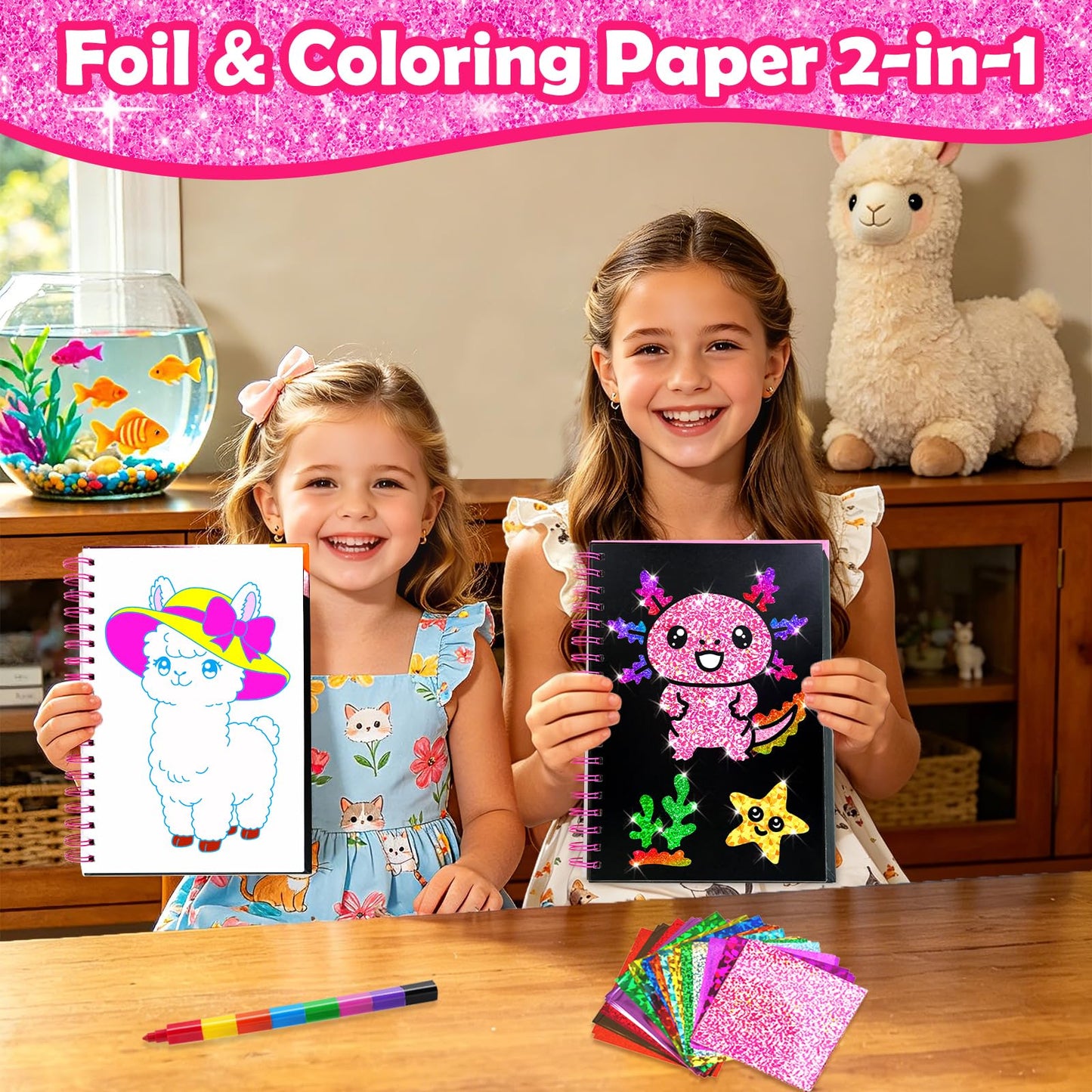 FUNNYB&G Foil Art Craft Kit for Girls 4-10 Years Old: Mess-Free & No-Glue, Create 16 Sparkly Cute Pet Pictures – Perfect Travel Toy & Birthday Gift for Kids（Cute Pet）
