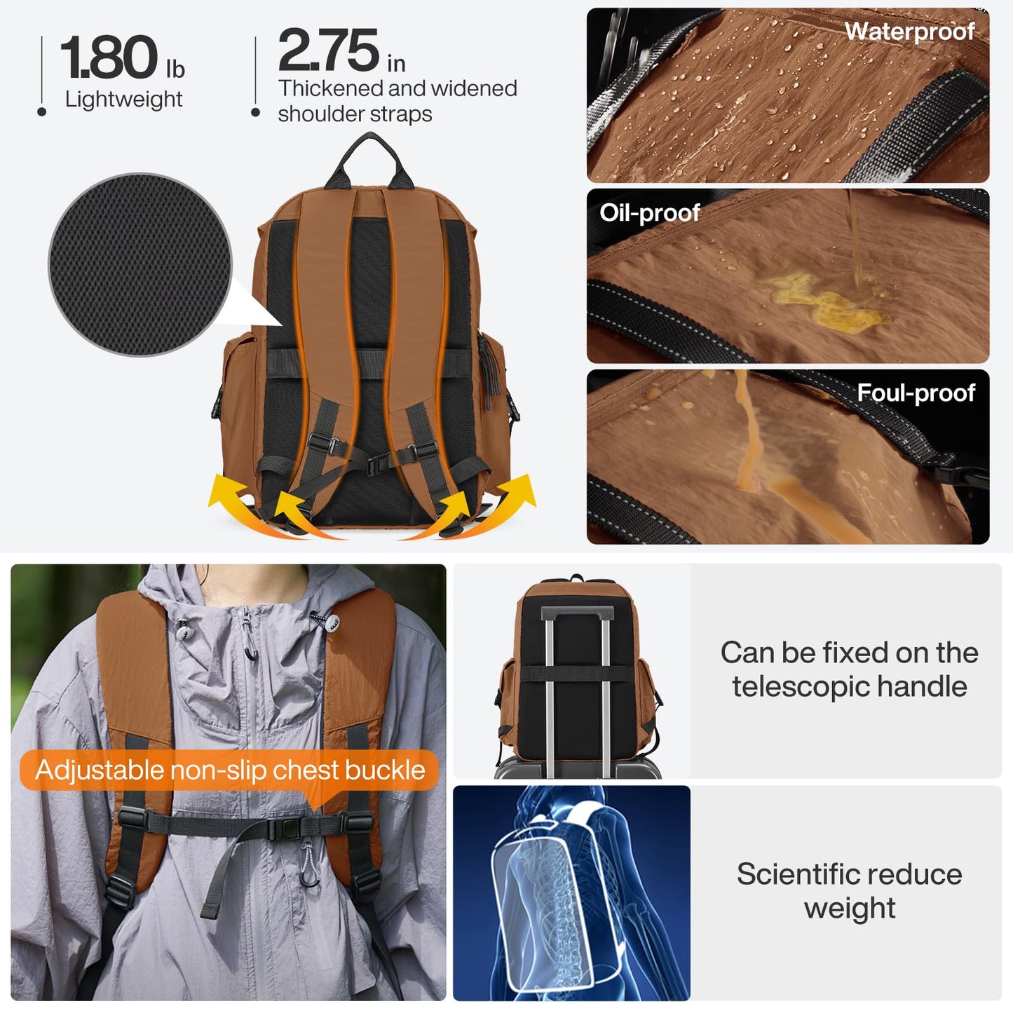 mixi Travel Backpack for Women Men, 18 Inch Carry On Laptop Backpack Flight Approved fits 16'' Laptop, Lightweight Waterproof Hiking Backpack Travel Outdoor Business Casual Daypack, Brown