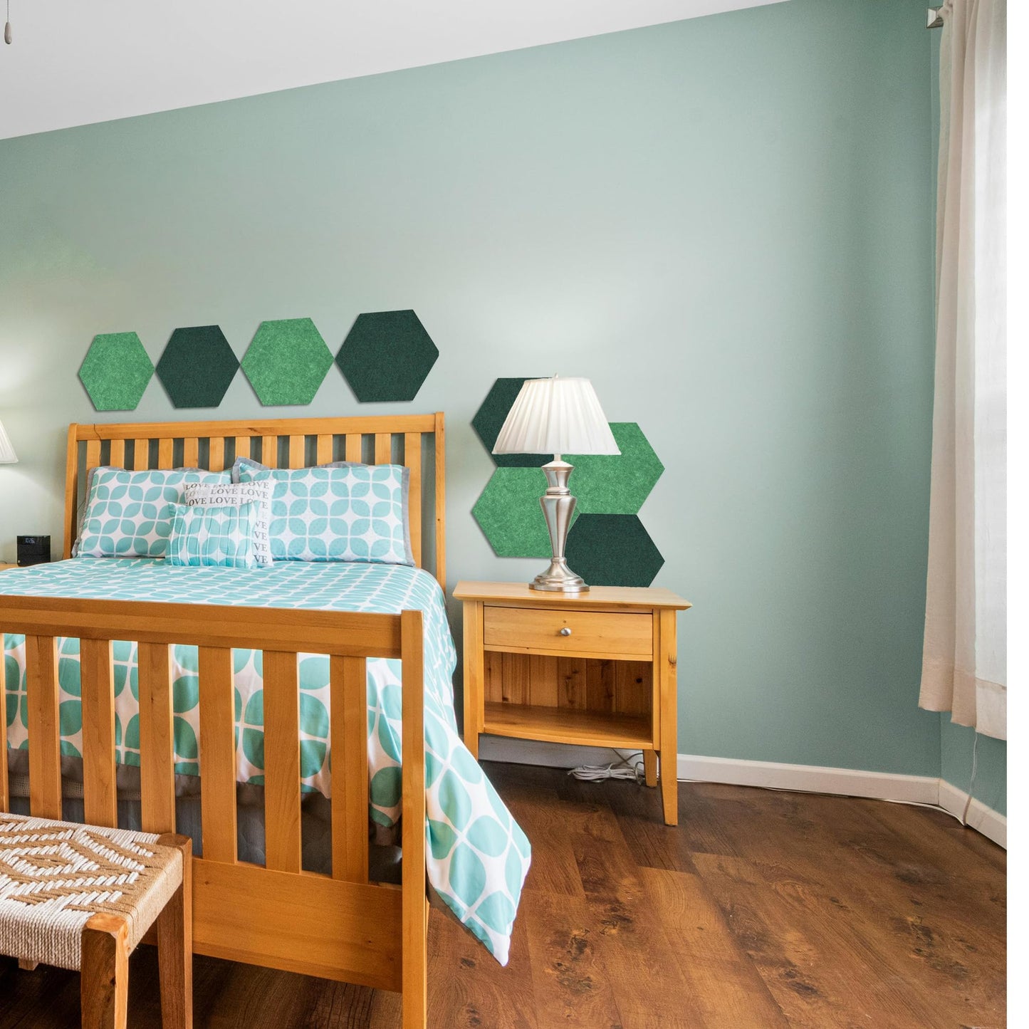 Hexagon Felt Bulletin Board Tiles, 8 Pcs, 8.7 x 7.5 inches, with 20 Pushpins, for Easy Display of Photos Pictures Memos Notices, Felt Wall Tiles for Office Home Classroom (Green)