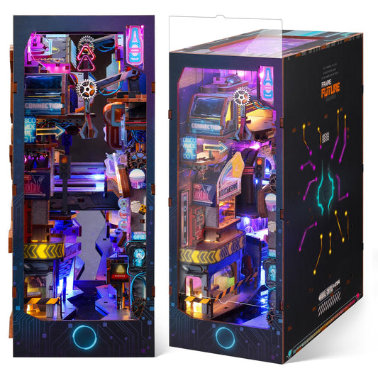 FUNPOLA 3D Wood Puzzle Book Nook Kit, Futuristic Miniature Bookshelf Insert with LED Lights, DIY Cyberpunk Bookend Décor for Display, Unique Craft for Adults and Teens (Endless Dimensions)