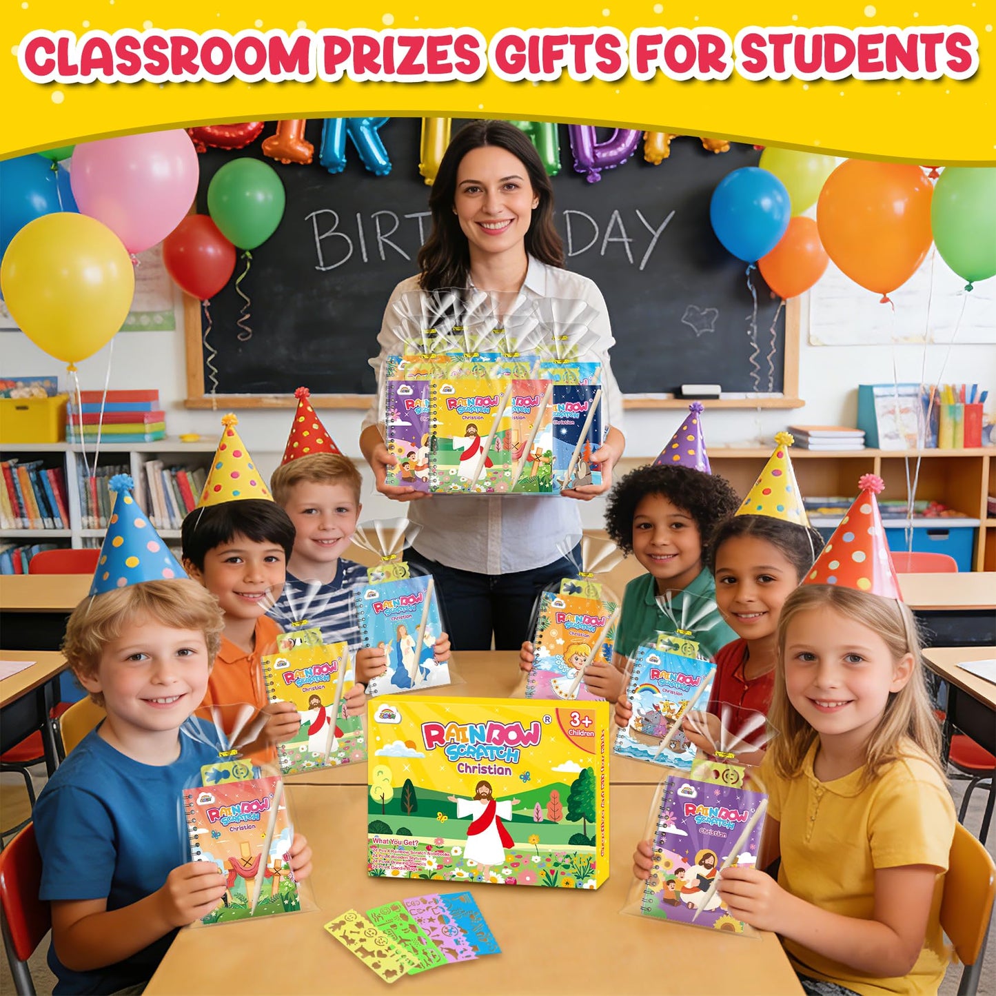 ZMLM Rainbow Scratch Party Favors Kids: Birthday Gifts Toy Bulk Scratch Art Notebook Birthday Goodie Bags Stuffers Girls Boys Art Craft Kit Pads Classroom Prizes School Teacher Return (Christian, 24)
