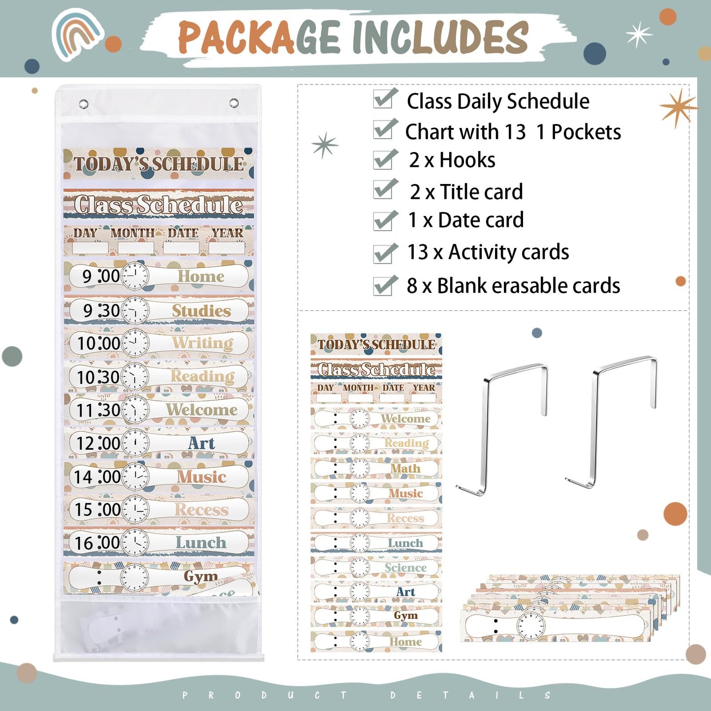 Sunnymove Daily Schedule Pocket Chart for Classroom Decor with 13+1 Pockets and 42 Designed Schedule Cards, Teacher Supplies for Preschool Classroom Home Office Back to School Decorations(Boho)