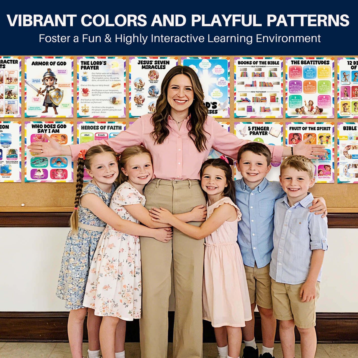 16pcs Bible Posters for Kids, 11x14in Sunday School Decorations for Classroom, Laminated Christian Wall Art with Glue Dots, Waterproof Books of the Bible Scripture Educational Prints for Homeschool