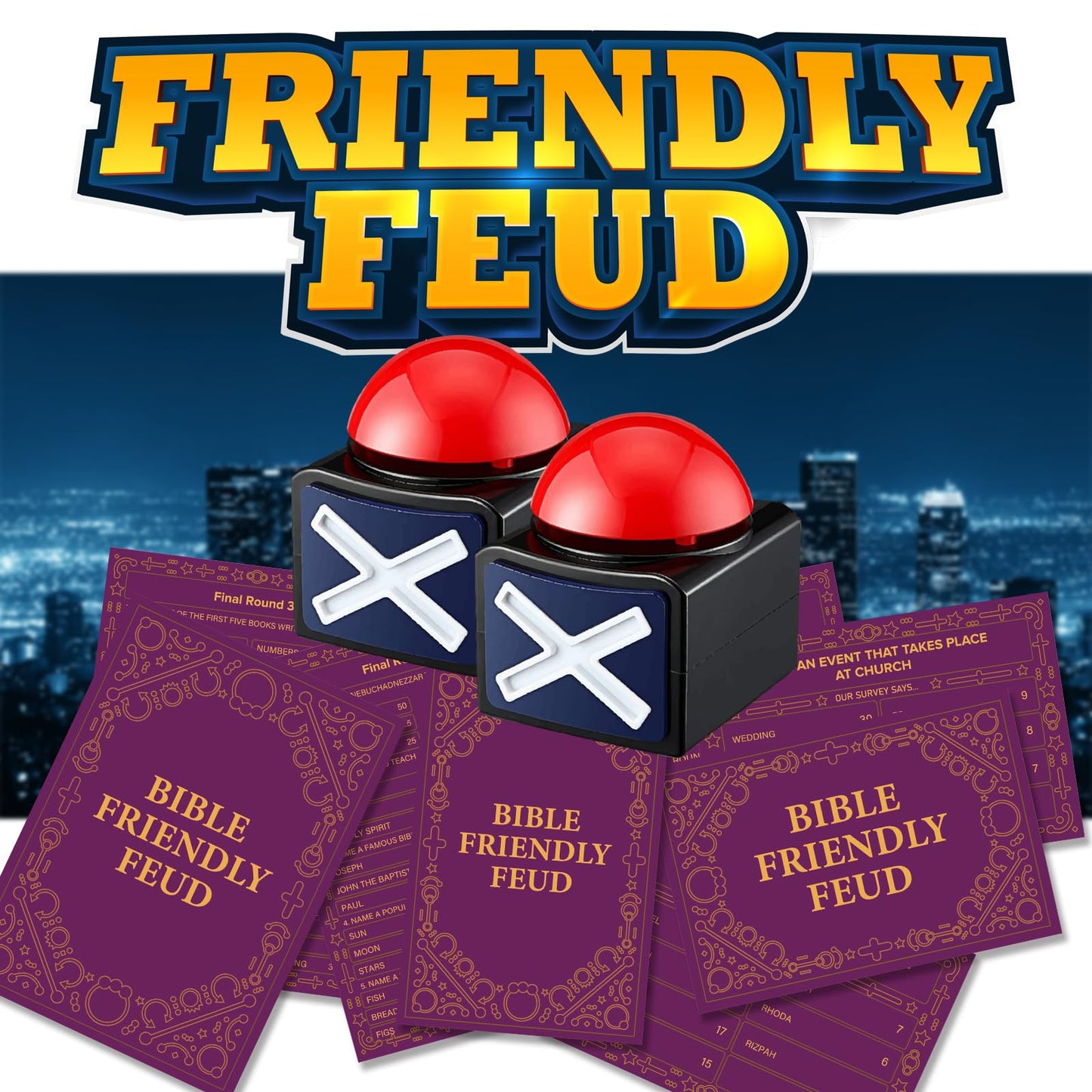 Bible Friendly Feud Game with 2 Buzzers Set, Bible Game Supplies Set, Church Feud Quiz, Games for Church Group - BISC006B