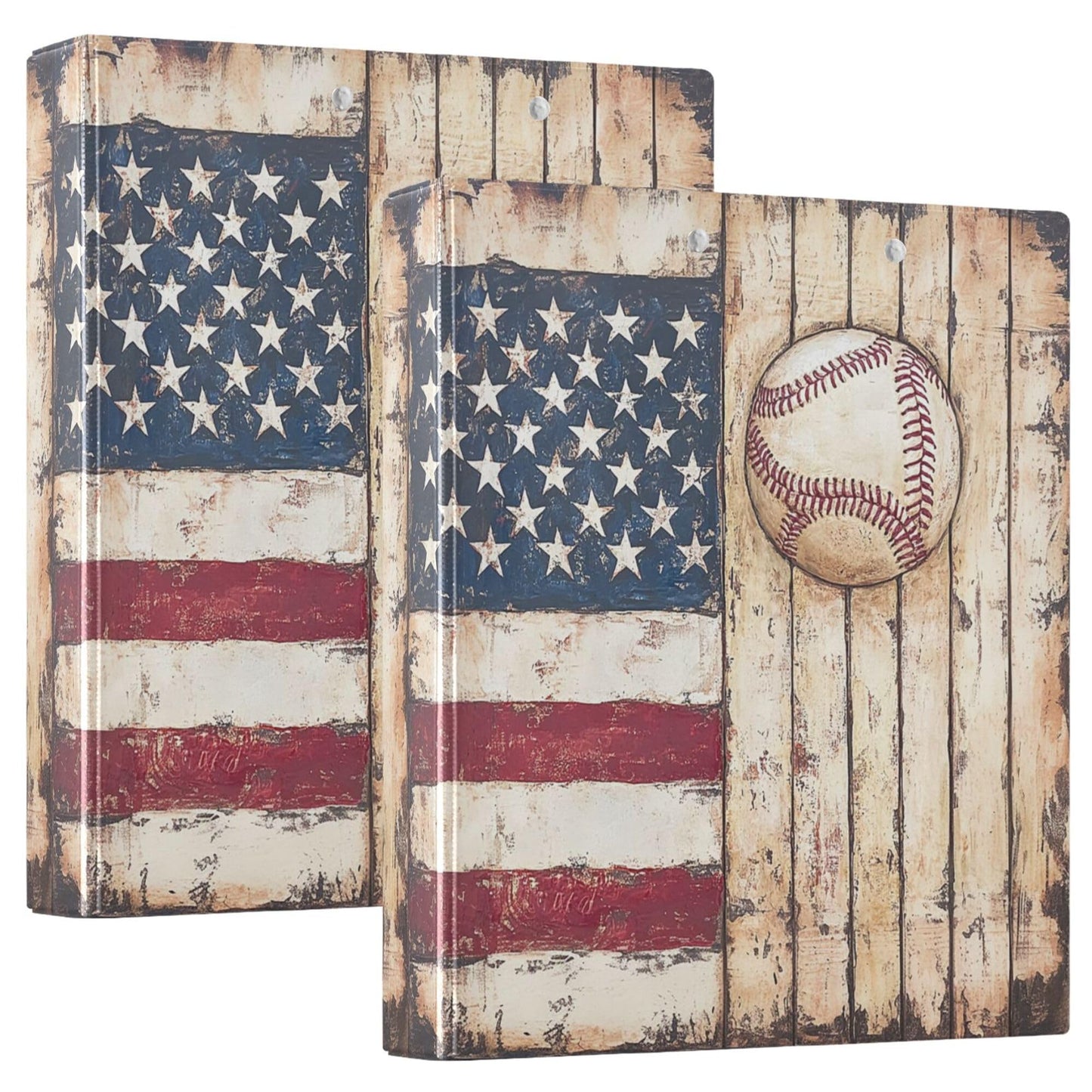 Retro American Flag Baseball Round Ring Binders 1.5 Inch Softball Wooden Background 3 Ring Clipboard Binder for Office School Work Supplies File Folder 200 Sheet Capacity