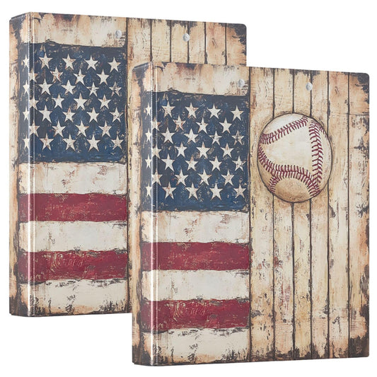 Retro American Flag Baseball Round Ring Binders 1.5 Inch Softball Wooden Background 3 Ring Clipboard Binder for Office School Work Supplies File Folder 200 Sheet Capacity