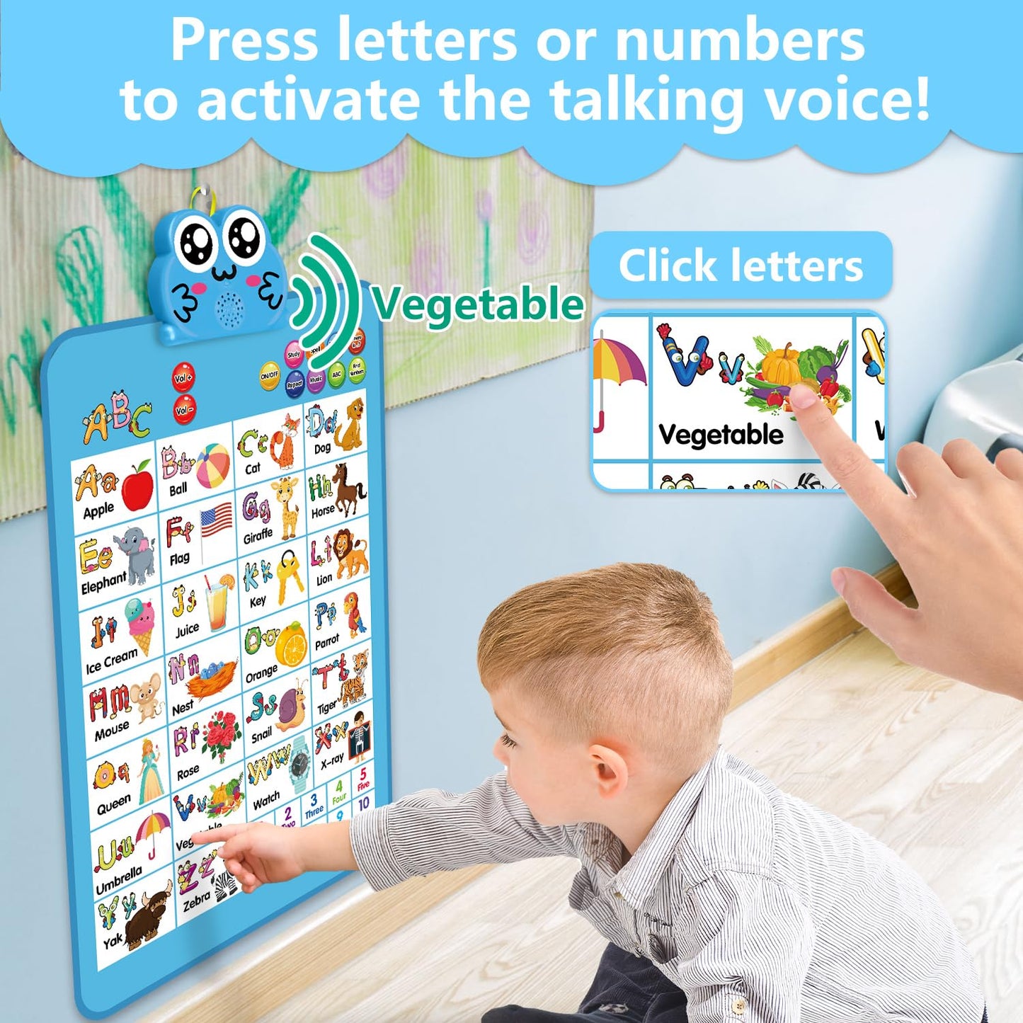 Educational Alphabet Wall Chart: Learning Poster with Music ABCs 123s Talking Games - Interactive Activity Toy Birthday Gift for Toddlers Preschool Kids Ages 3 4 5 Years Old Classroom Room Decor(Blue)