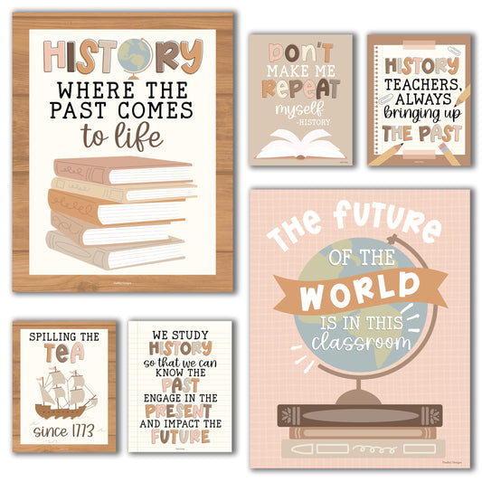 Hadley Designs 6 Social Studies Classroom Decorations – US History Posters for Elementary, Middle School and High School, Durable World History Wall Art for Teachers - Boho Classroom Decor
