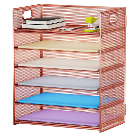 Marbrasse 6 Tier Paper Organizer Letter Tray - Mesh Desk File Organizer with Handle, Paper Sorter Organizer for Letter/A4 Office File Folder Holder - Rose Gold