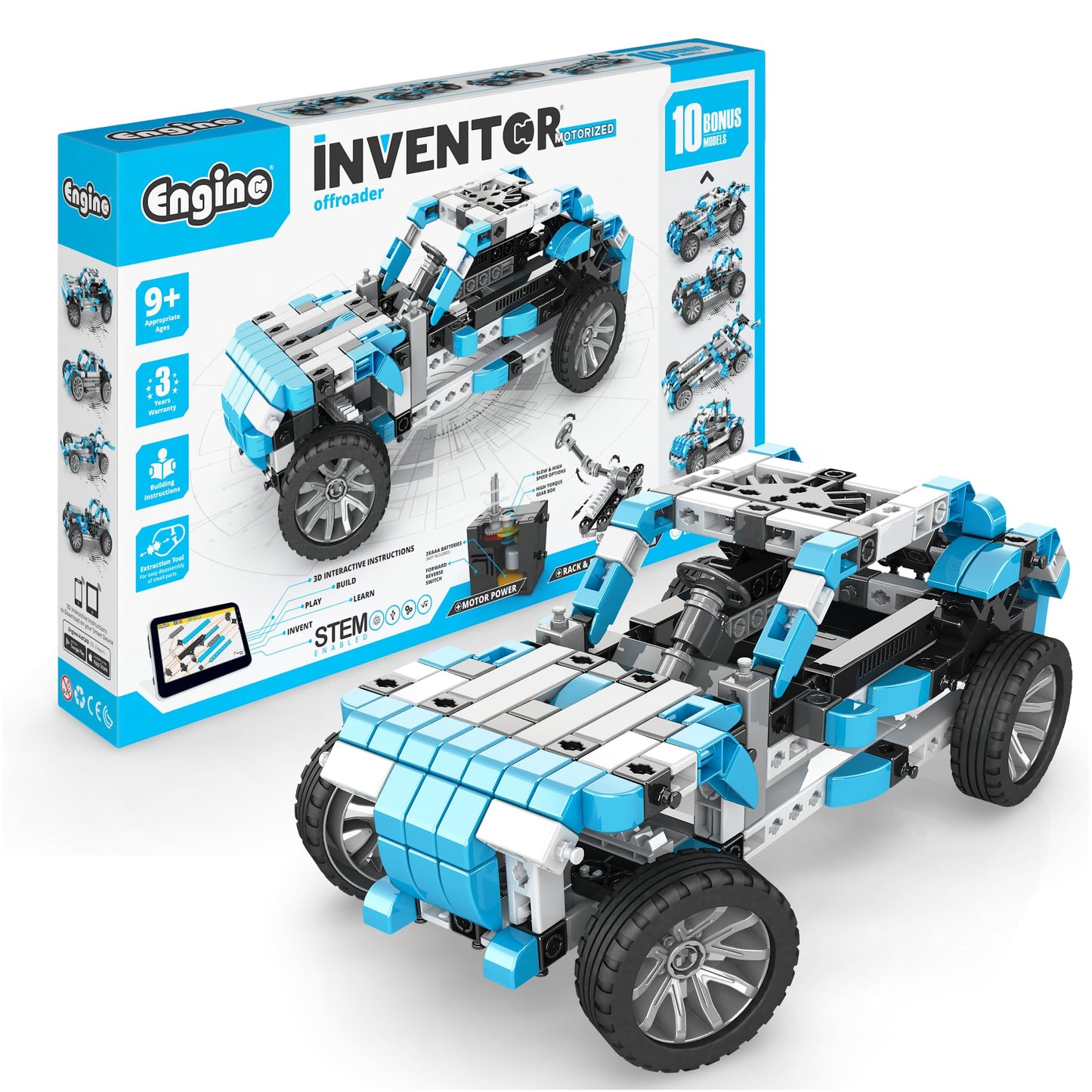 Engino: Inventor Motorized Series - Offroader - 10-In-1 Multimodel, Toy Vehicle Brick Building Set, Rack-Pinion Mechanism, Snap Assembly, STEM, Kid 9+