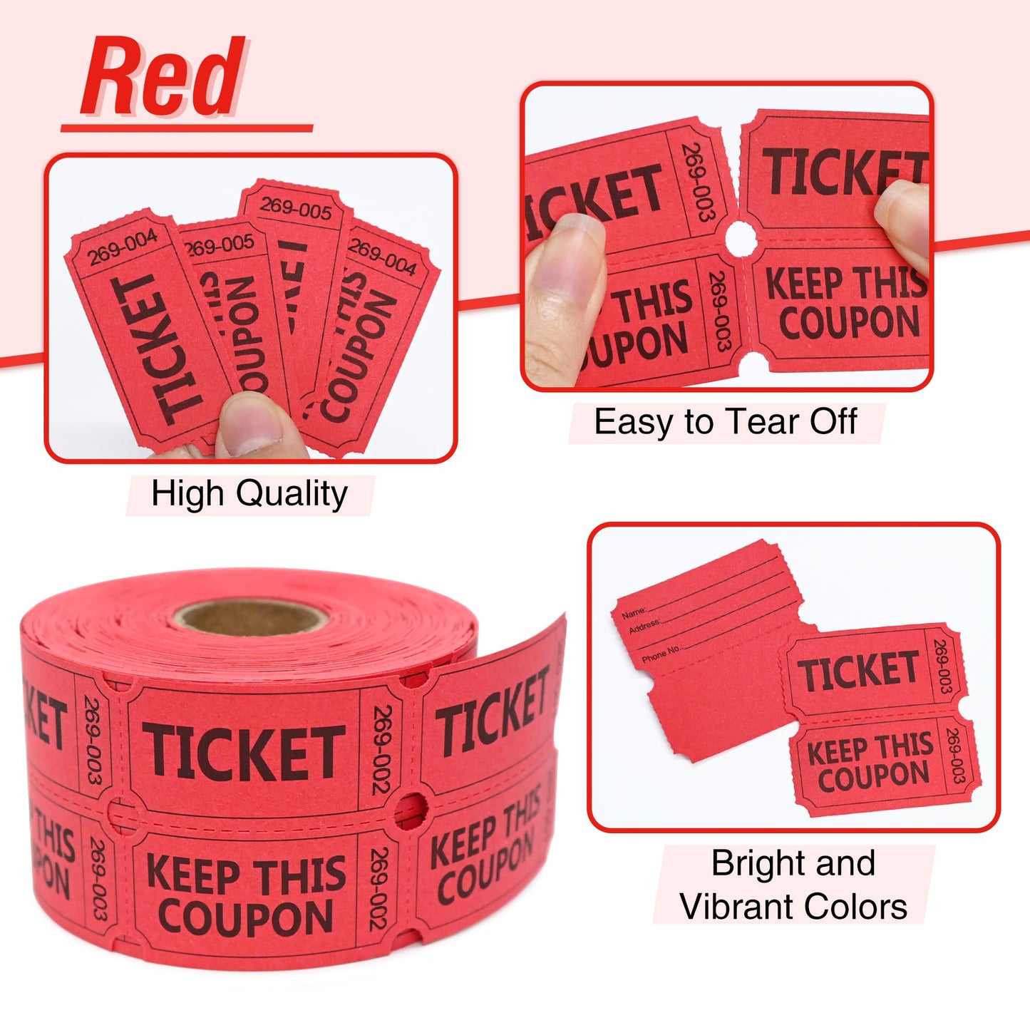 ESSENTIAL 2000 Raffle Tickets Double Roll, Raffle Tickets Roll with Name and Phone Number, for Raffle, Events, Classroom, Entry, Class Reward & Door Prize - Blue/Yellow/Red/Green