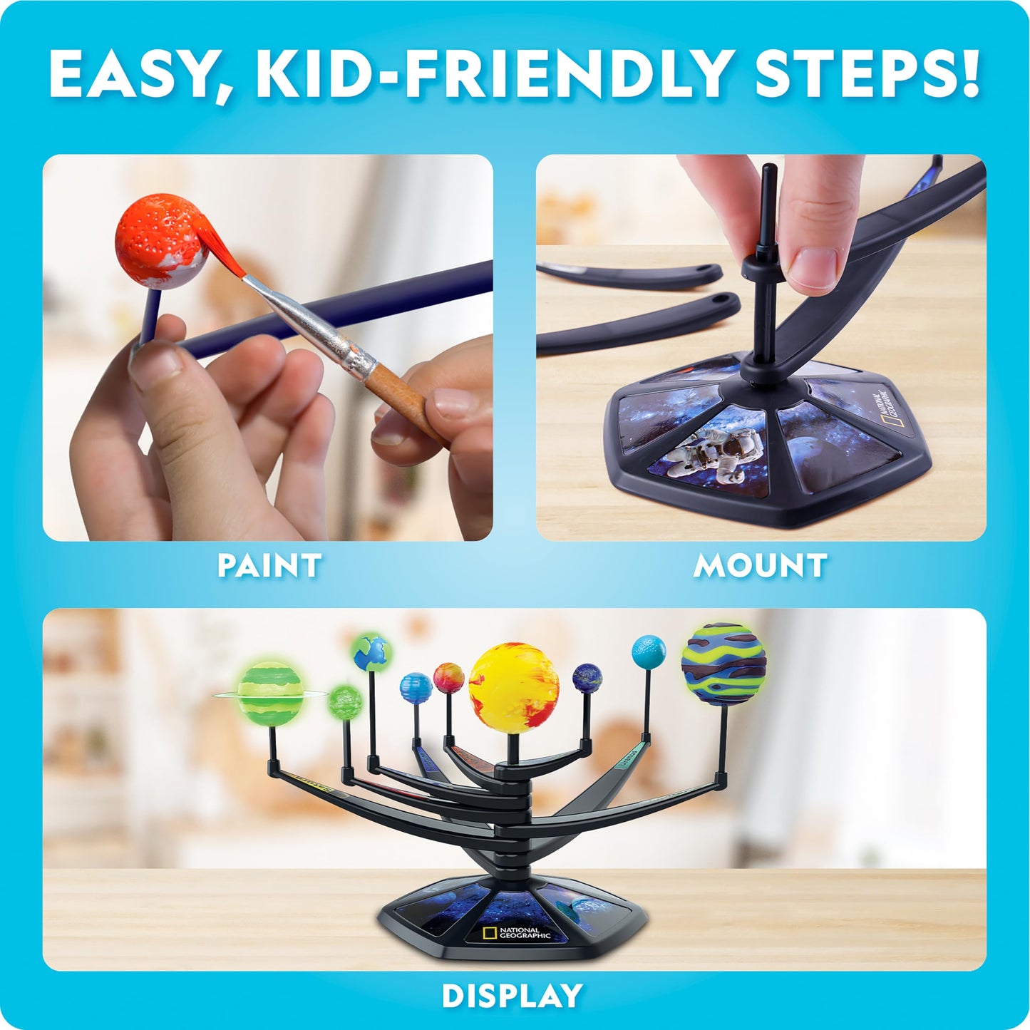 National Geographic Glow-in-the-Dark Solar System Model Kit for Kids - Build & Paint a 3D Planetary Model with Movable Arms, STEM Projects for Kids Ages 8-12, Space Themed Bedroom Decor